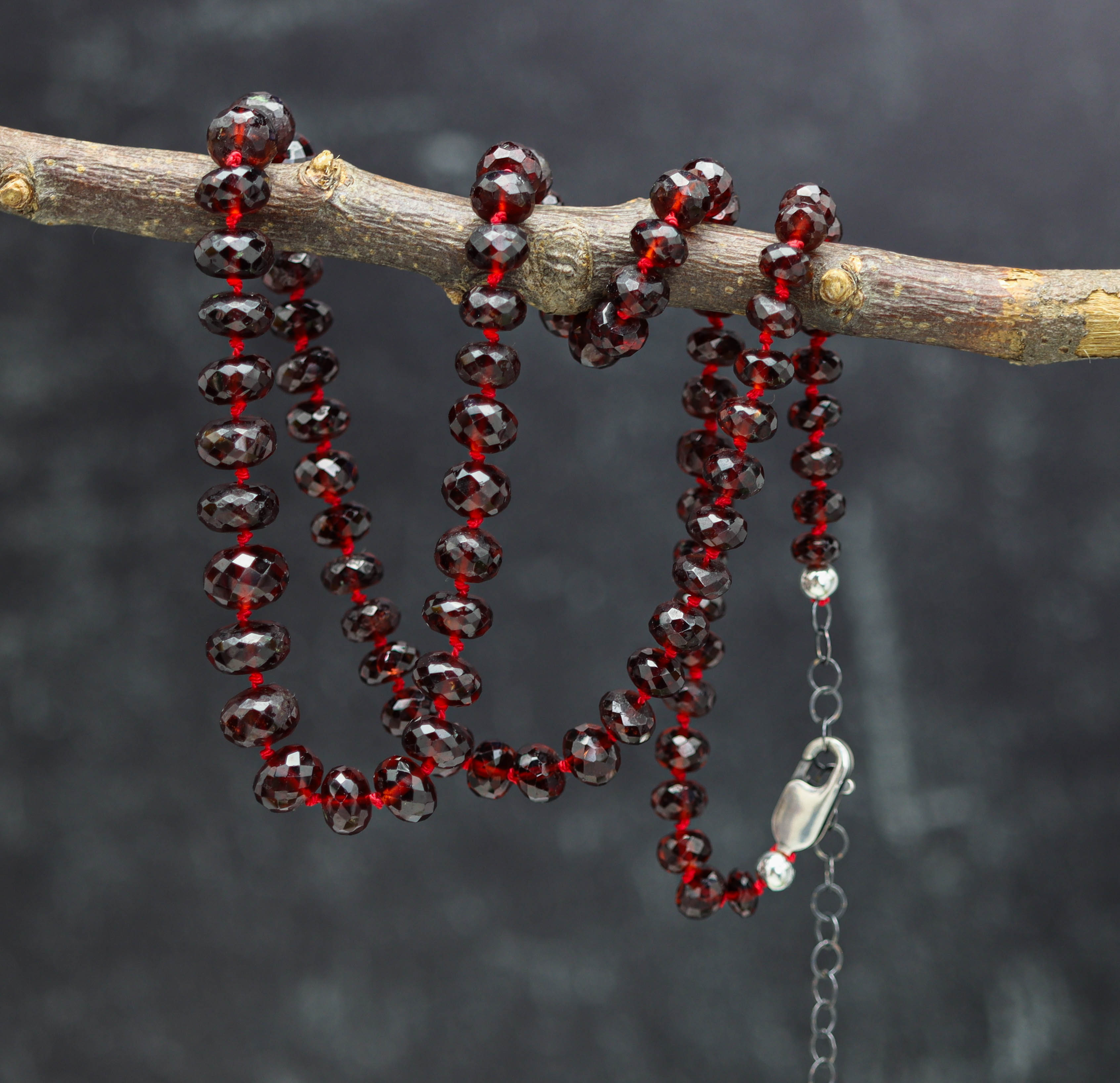 Red Garnet Hand Knotted Bead Necklace Sterling Silver