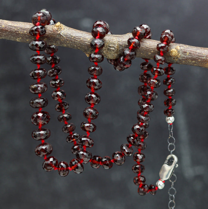 Red Garnet Hand Knotted Bead Necklace Sterling Silver