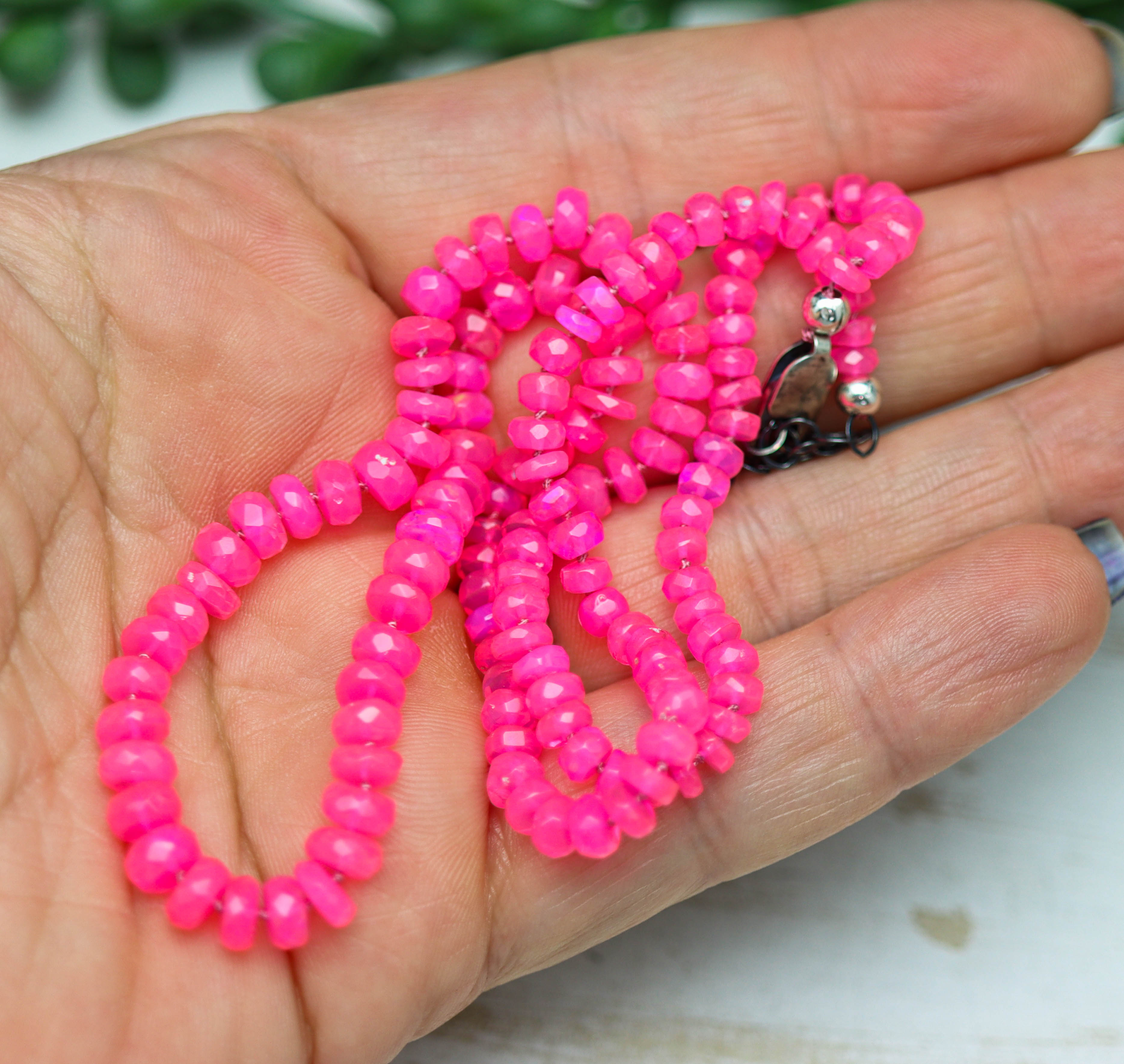 Hot Pink Opal Hand Knotted Bead Necklace Sterling Silver