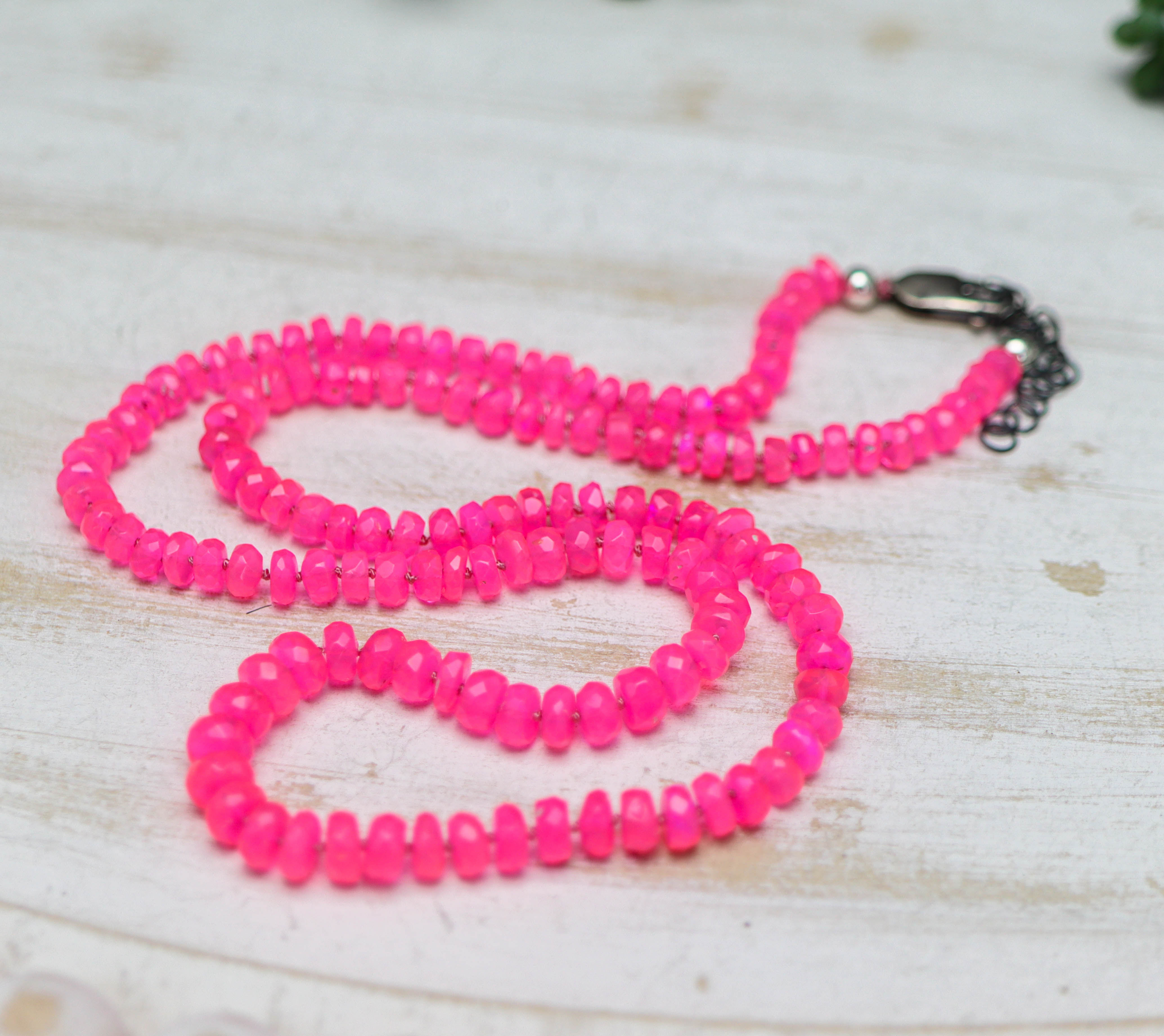 Hot Pink Opal Hand Knotted Bead Necklace Sterling Silver