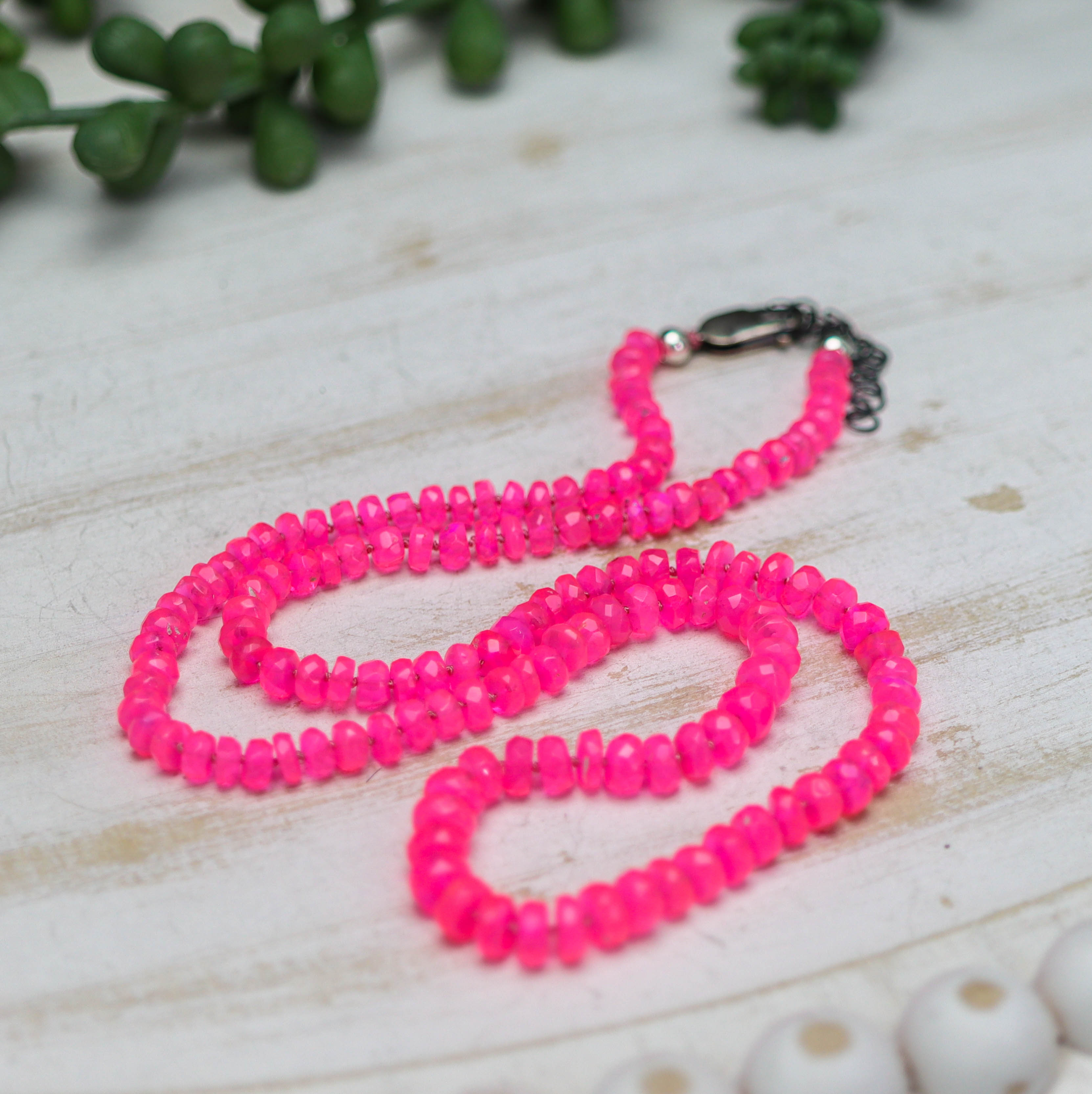 Hot Pink Opal Hand Knotted Bead Necklace Sterling Silver