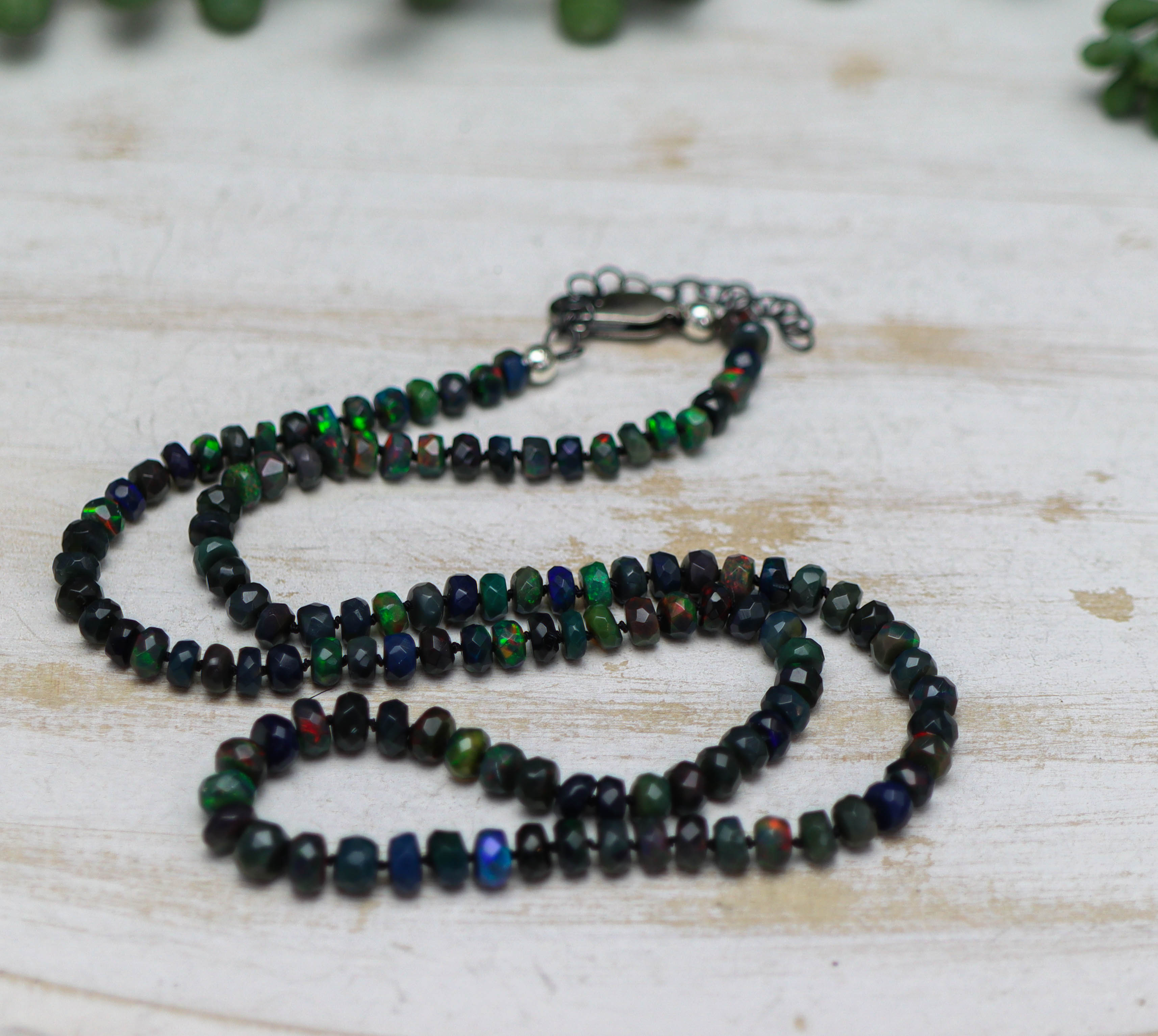 Black Opal Hand Knotted Bead Necklace Sterling Silver