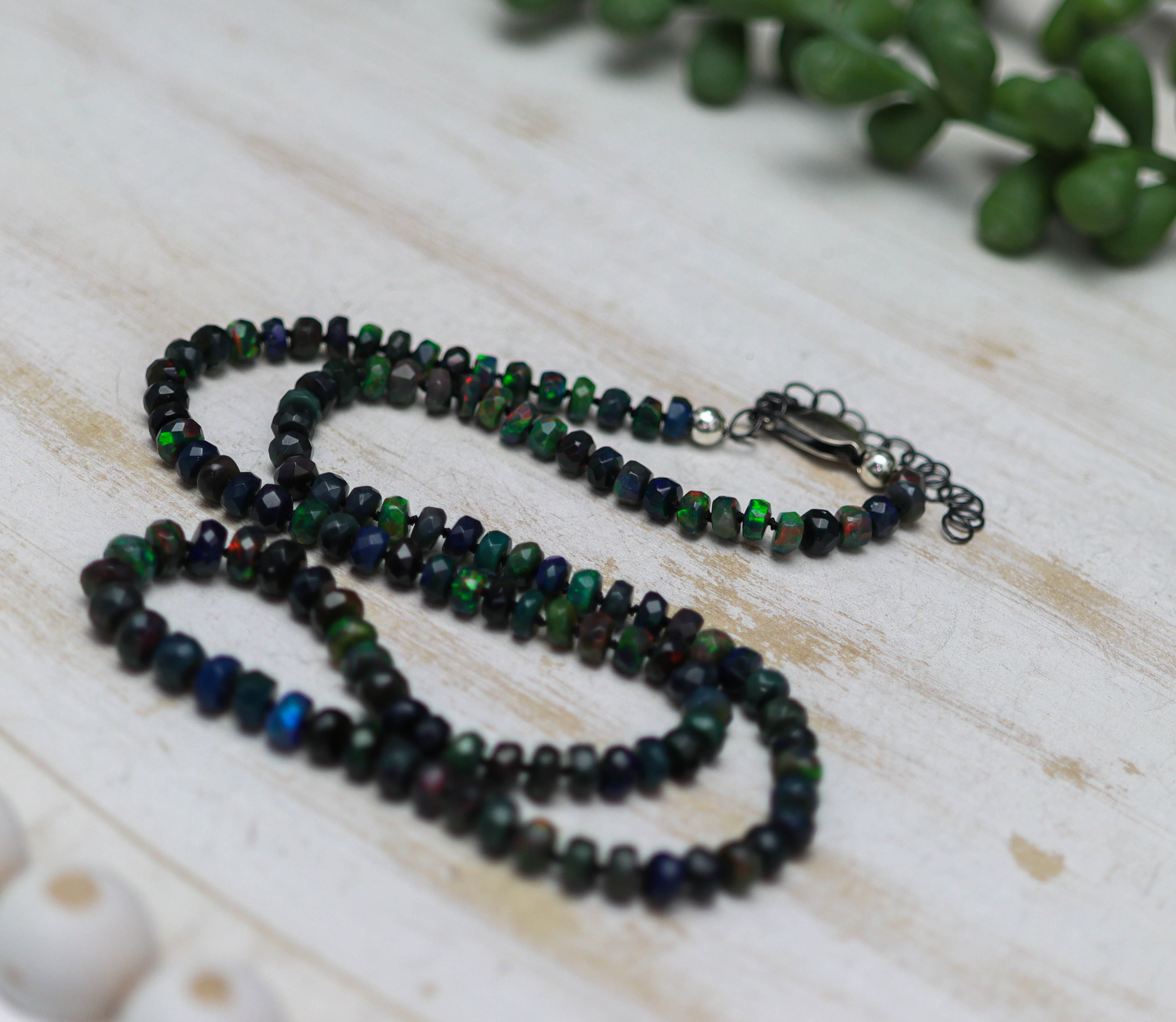 Black Opal Hand Knotted Bead Necklace Sterling Silver