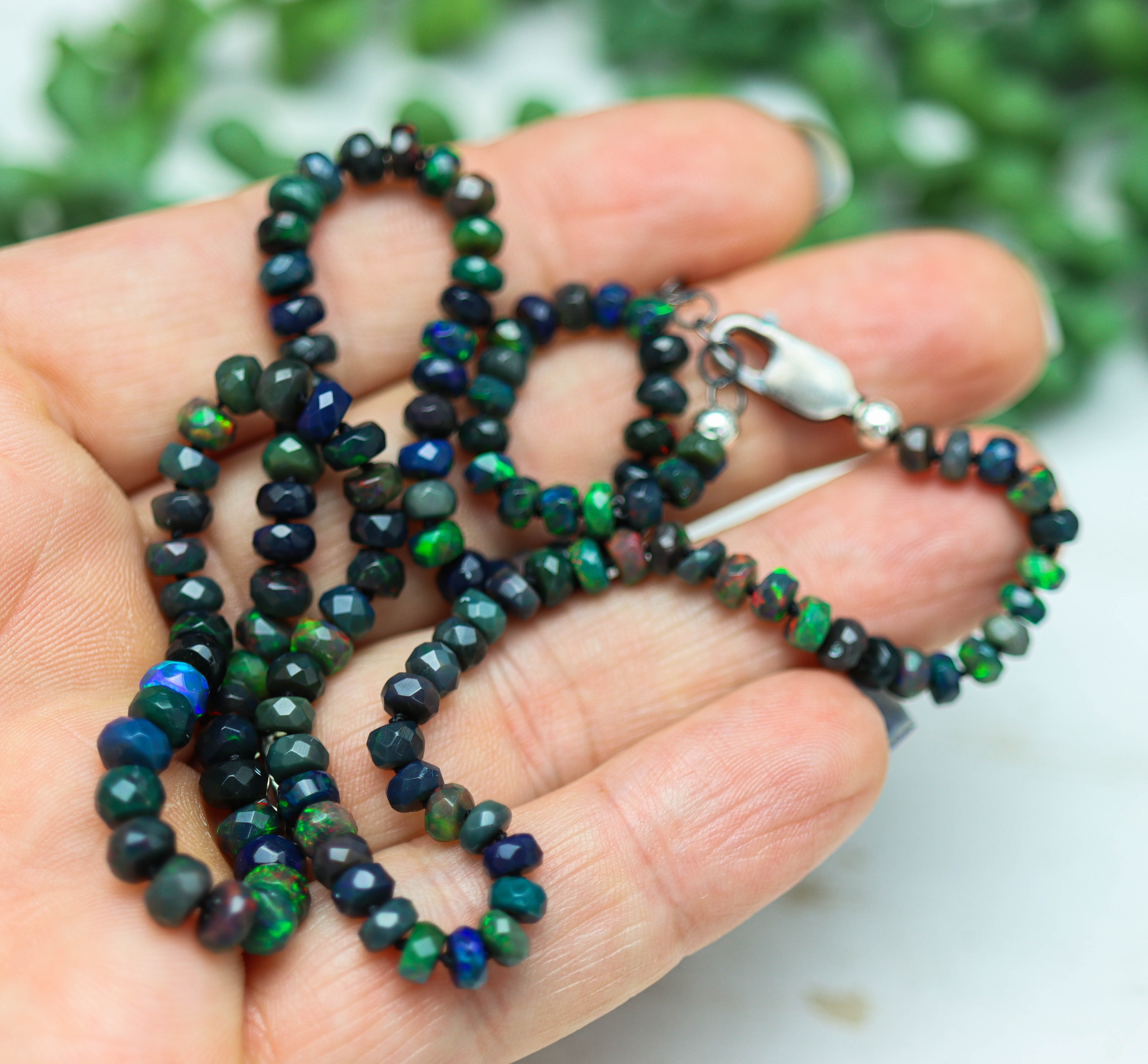 Black Opal Hand Knotted Bead Necklace Sterling Silver