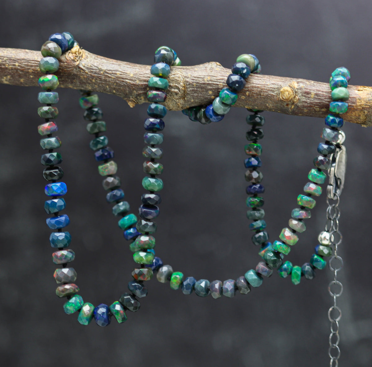 Black Opal Hand Knotted Bead Necklace Sterling Silver