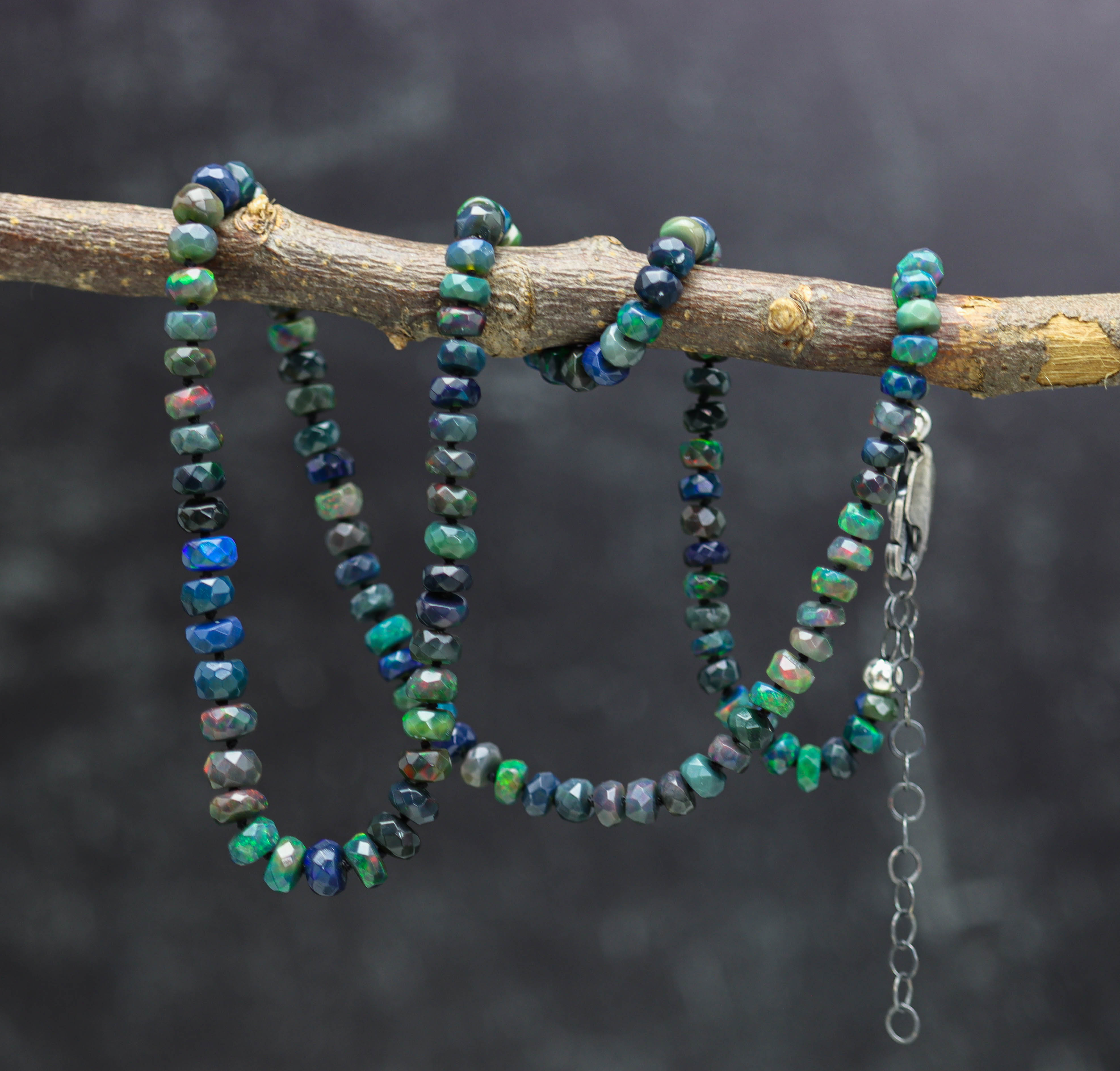 Black Opal Hand Knotted Bead Necklace Sterling Silver