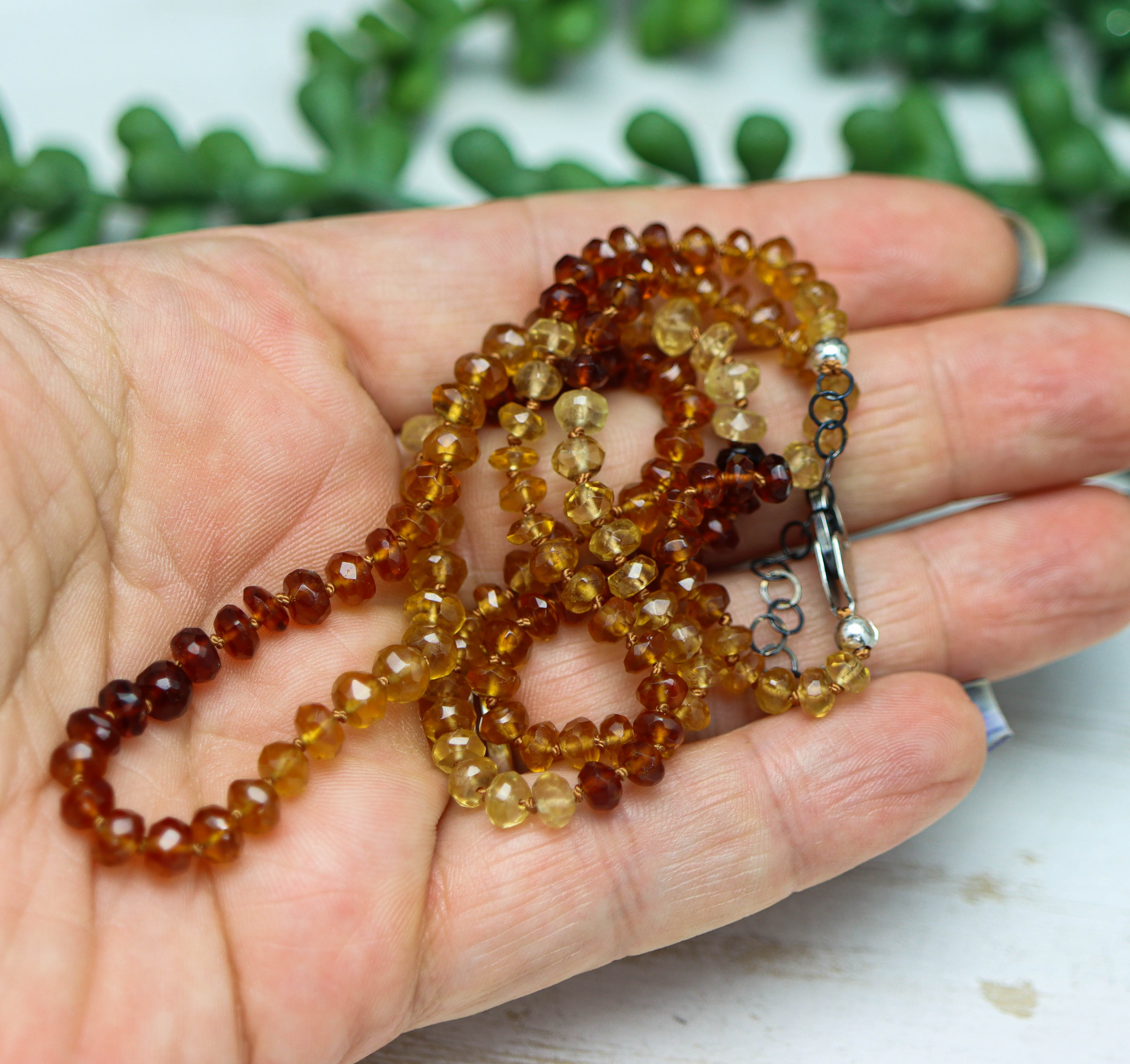 Hessonite Garnet Hand-Knotted Strand Necklace in Sterling Silver