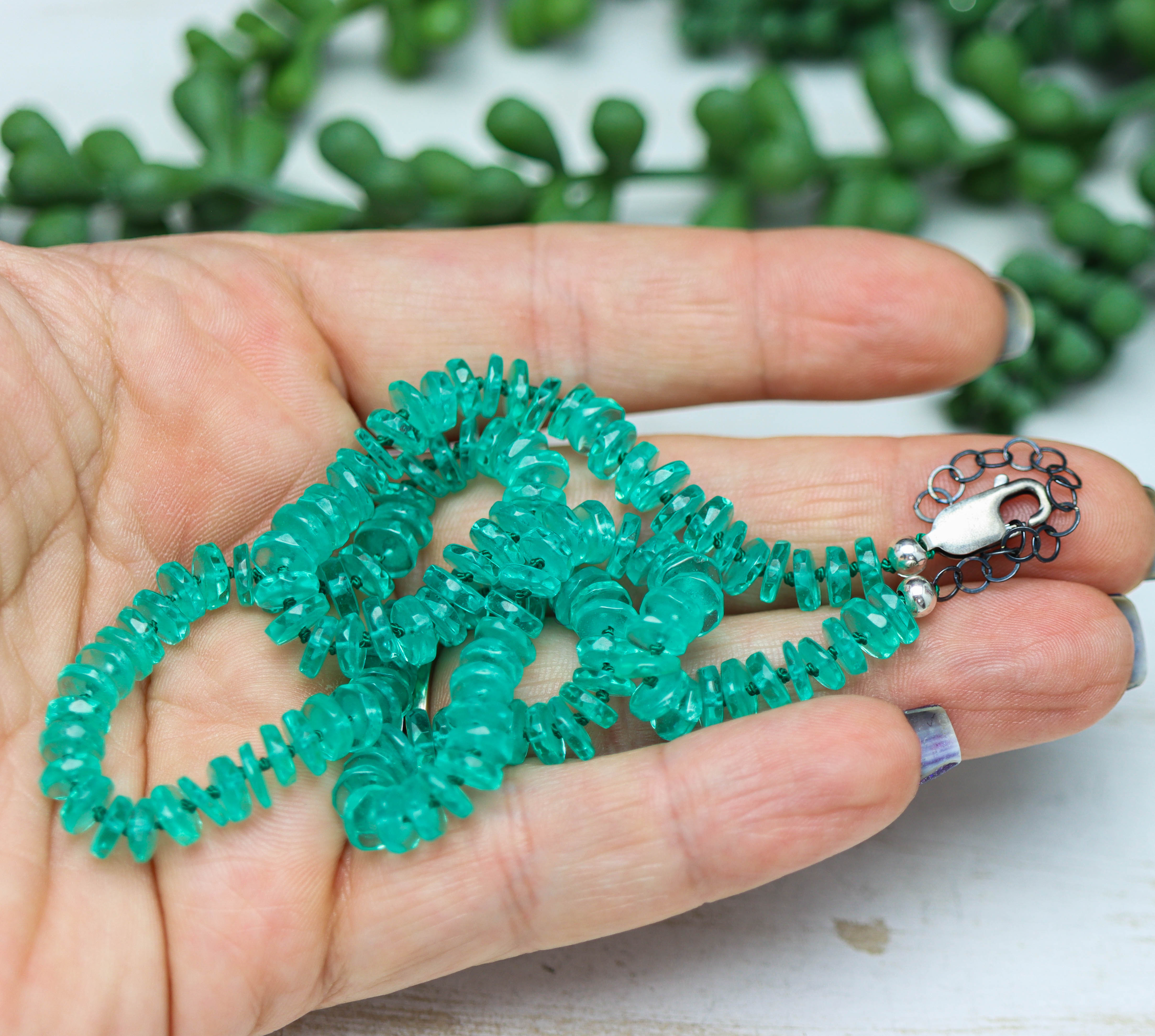 Blue Green Fluorite Hand Knotted Bead Necklace Sterling Silver