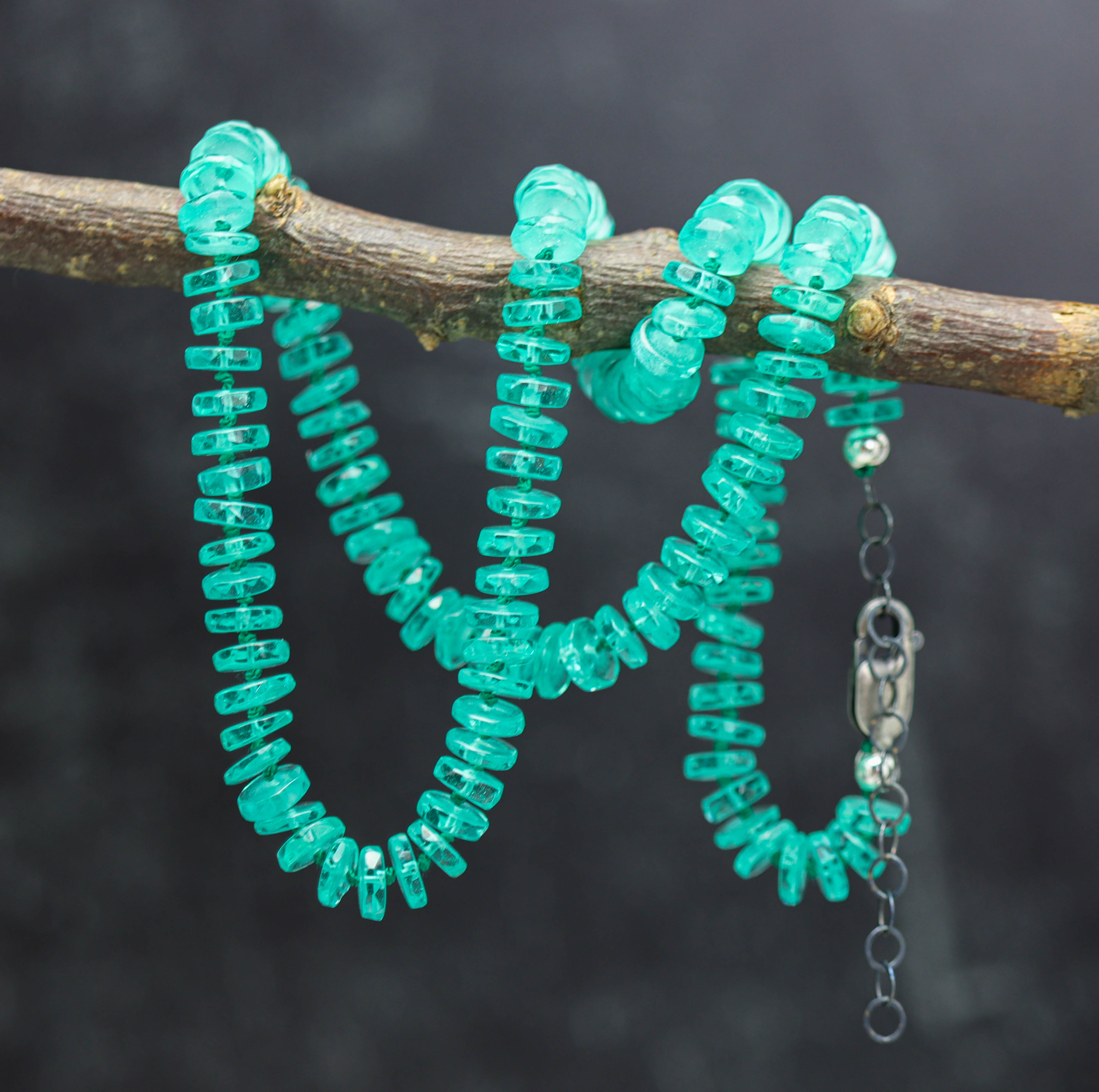 Blue Green Fluorite Hand Knotted Bead Necklace Sterling Silver