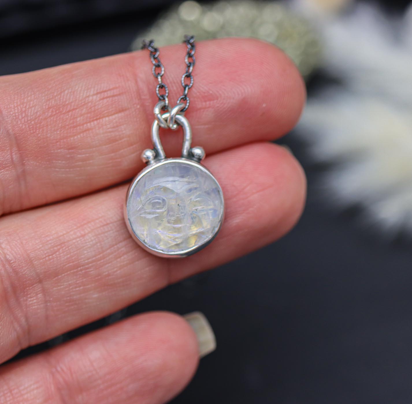 Carved Moonstone Moon Face Pendant Necklace Sterling Silver