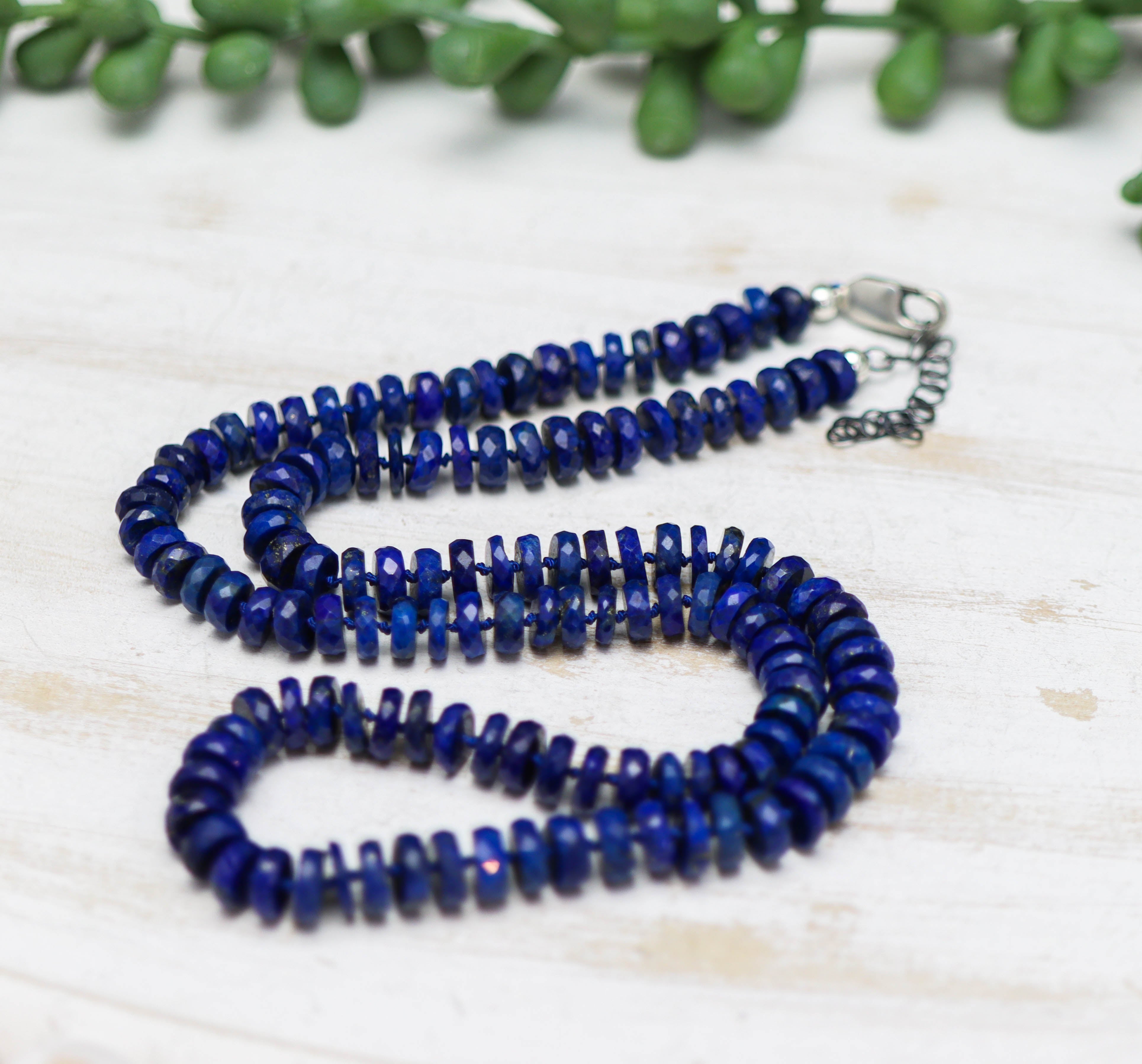 Blue Lapis Hand Knotted Bead Necklace Sterling Silver