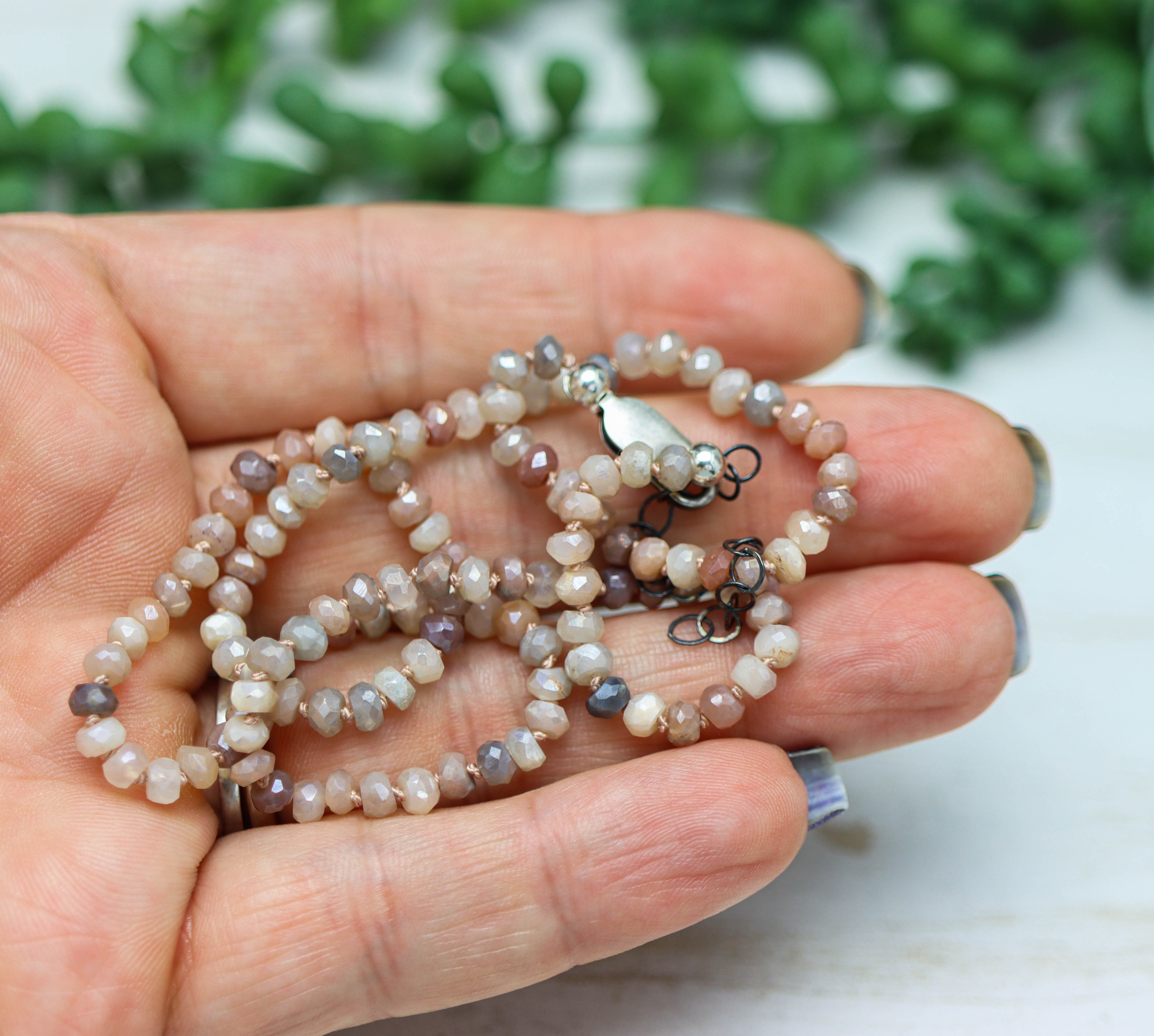Silverite Moonstone Hand Knotted Bead Necklace Sterling Silver