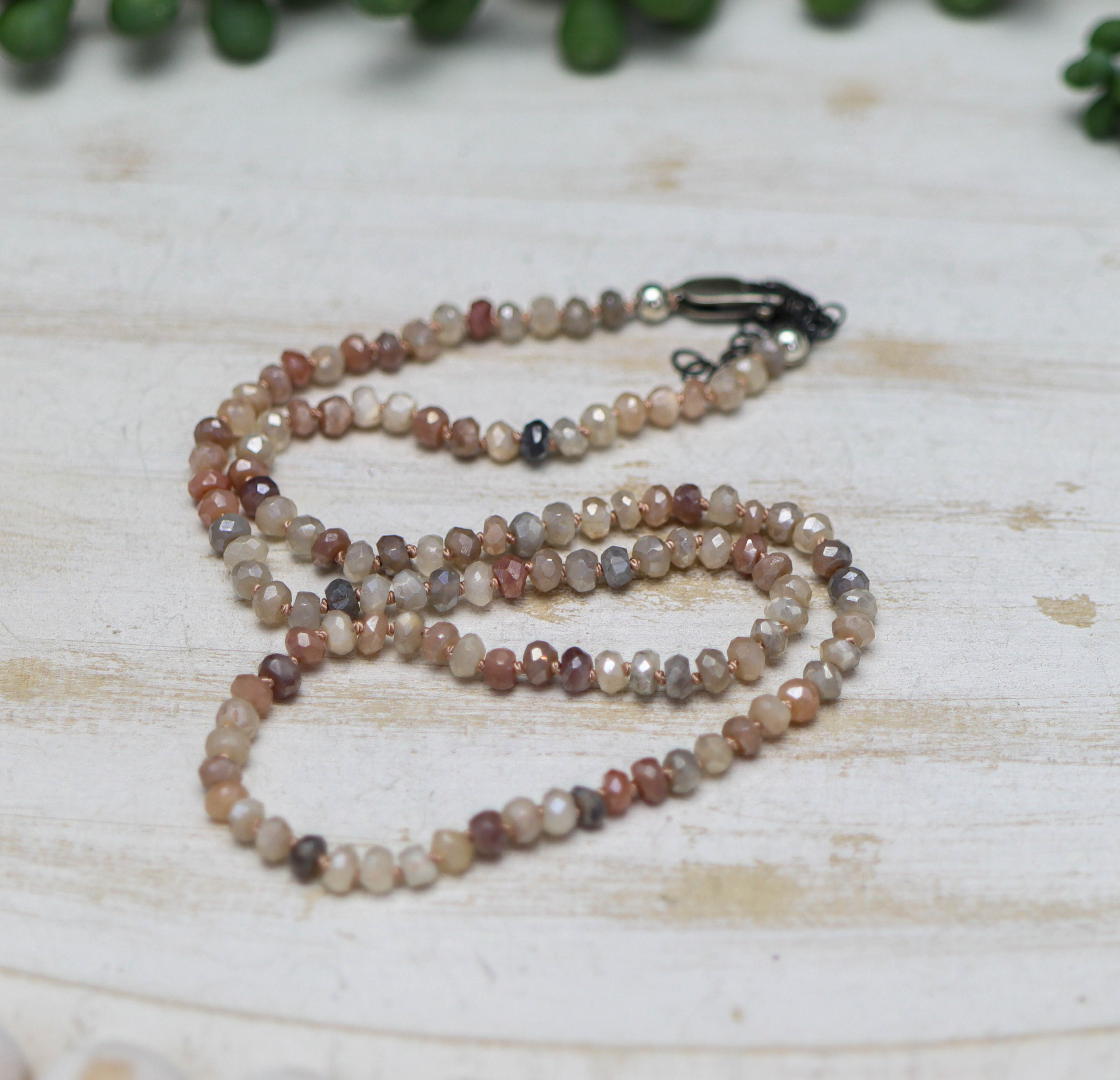 Silverite Moonstone Hand Knotted Bead Necklace Sterling Silver