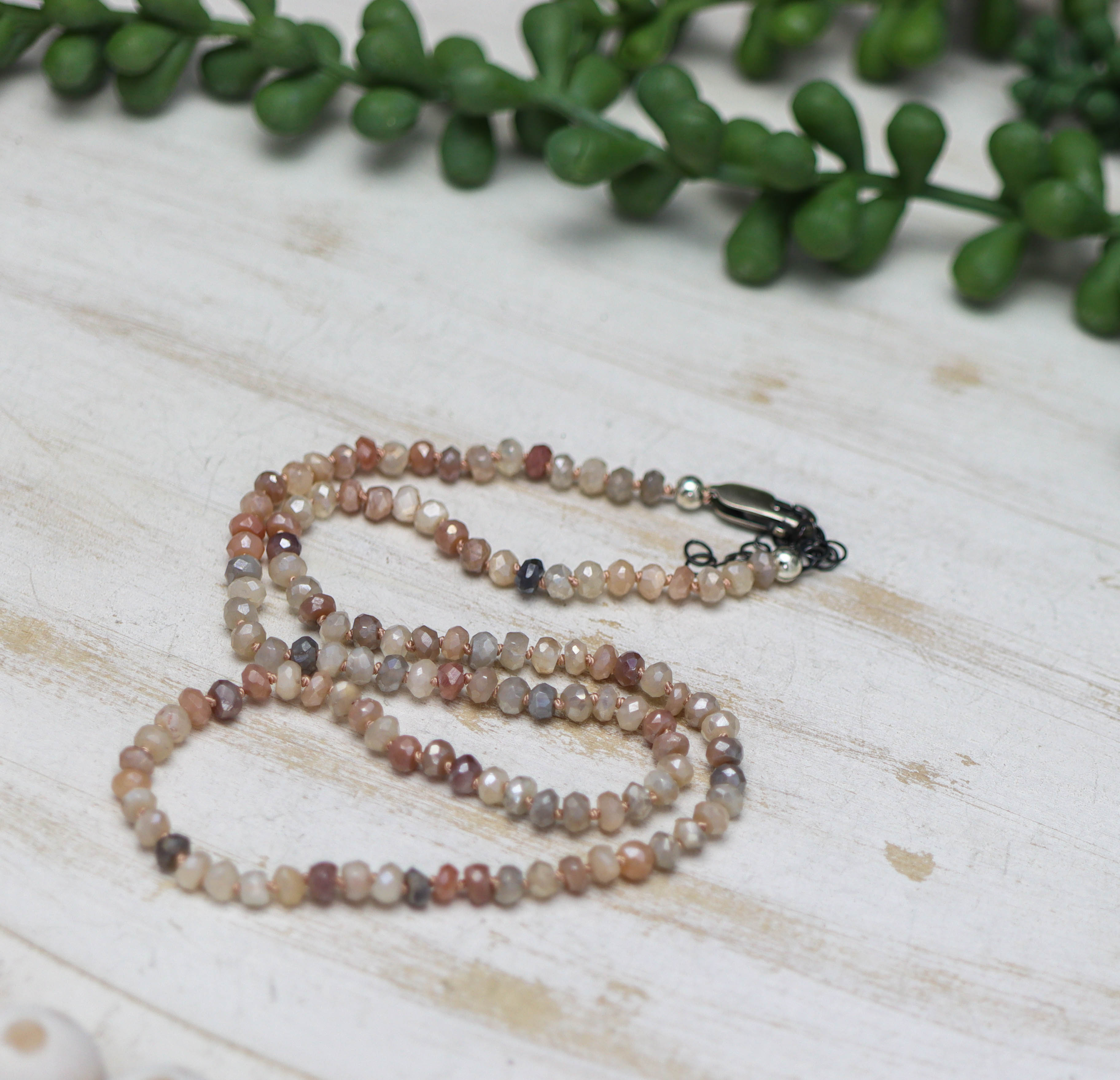 Silverite Moonstone Hand Knotted Bead Necklace Sterling Silver