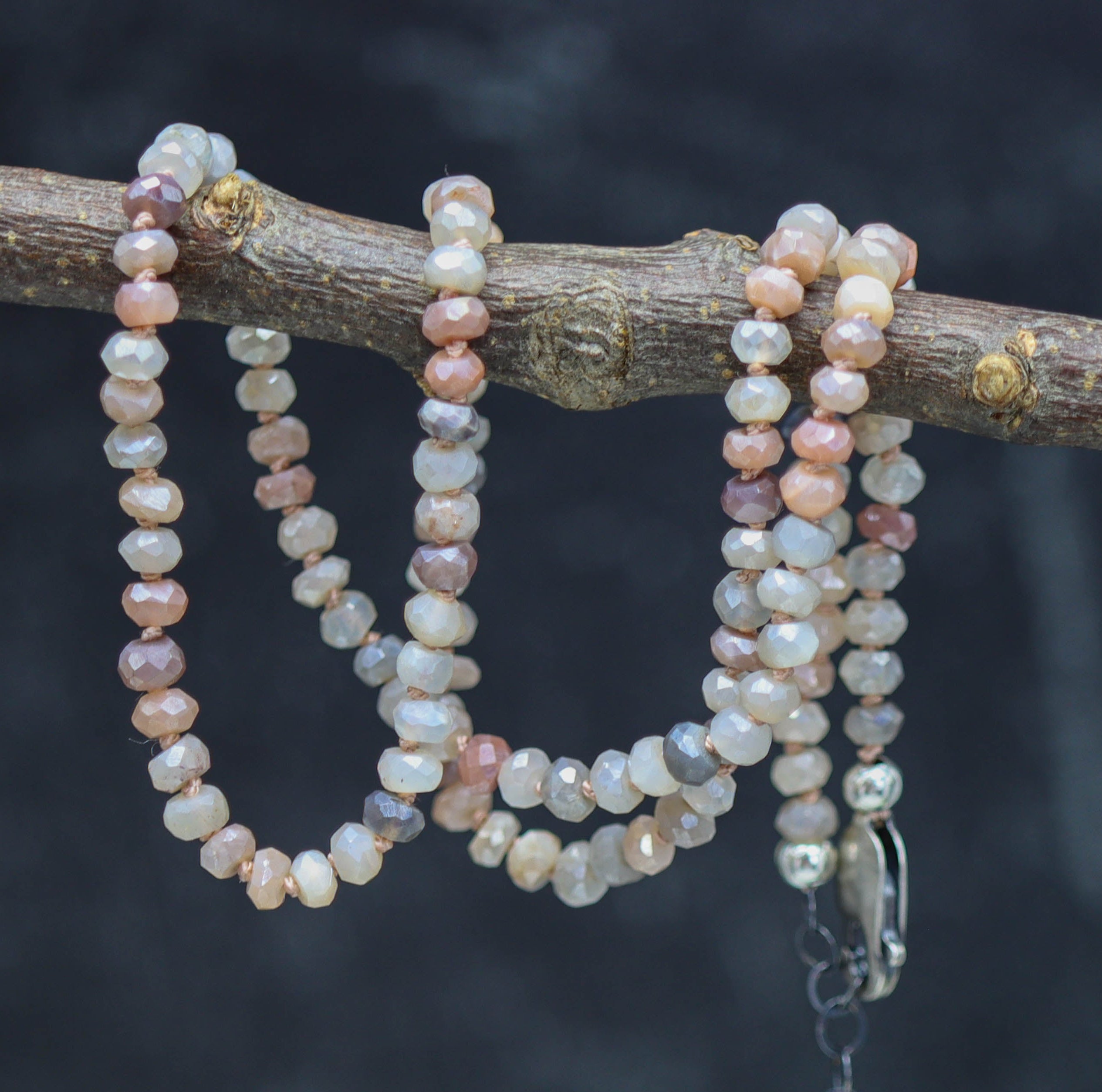 Silverite Moonstone Hand Knotted Bead Necklace Sterling Silver