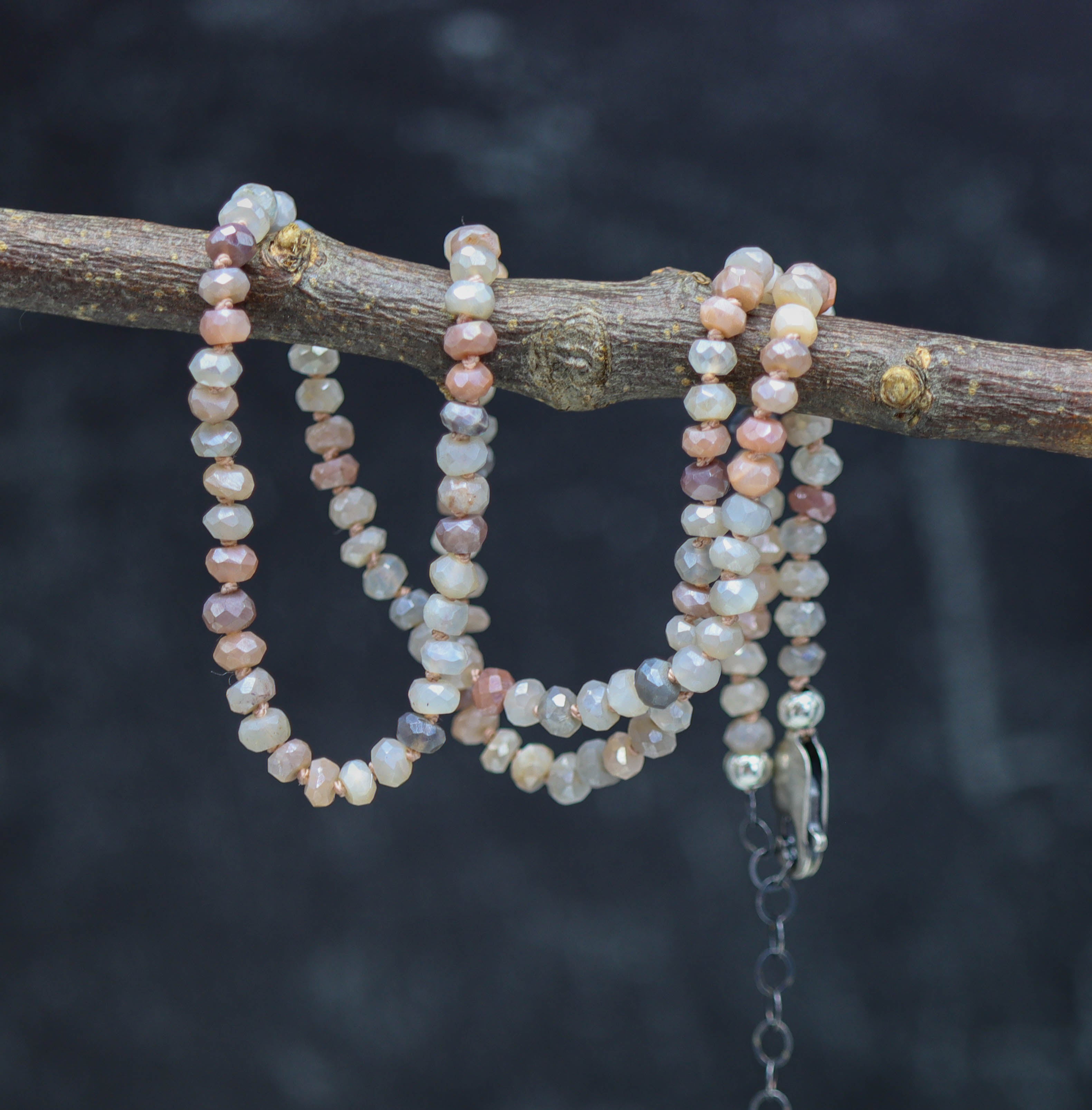 Silverite Moonstone Hand Knotted Bead Necklace Sterling Silver