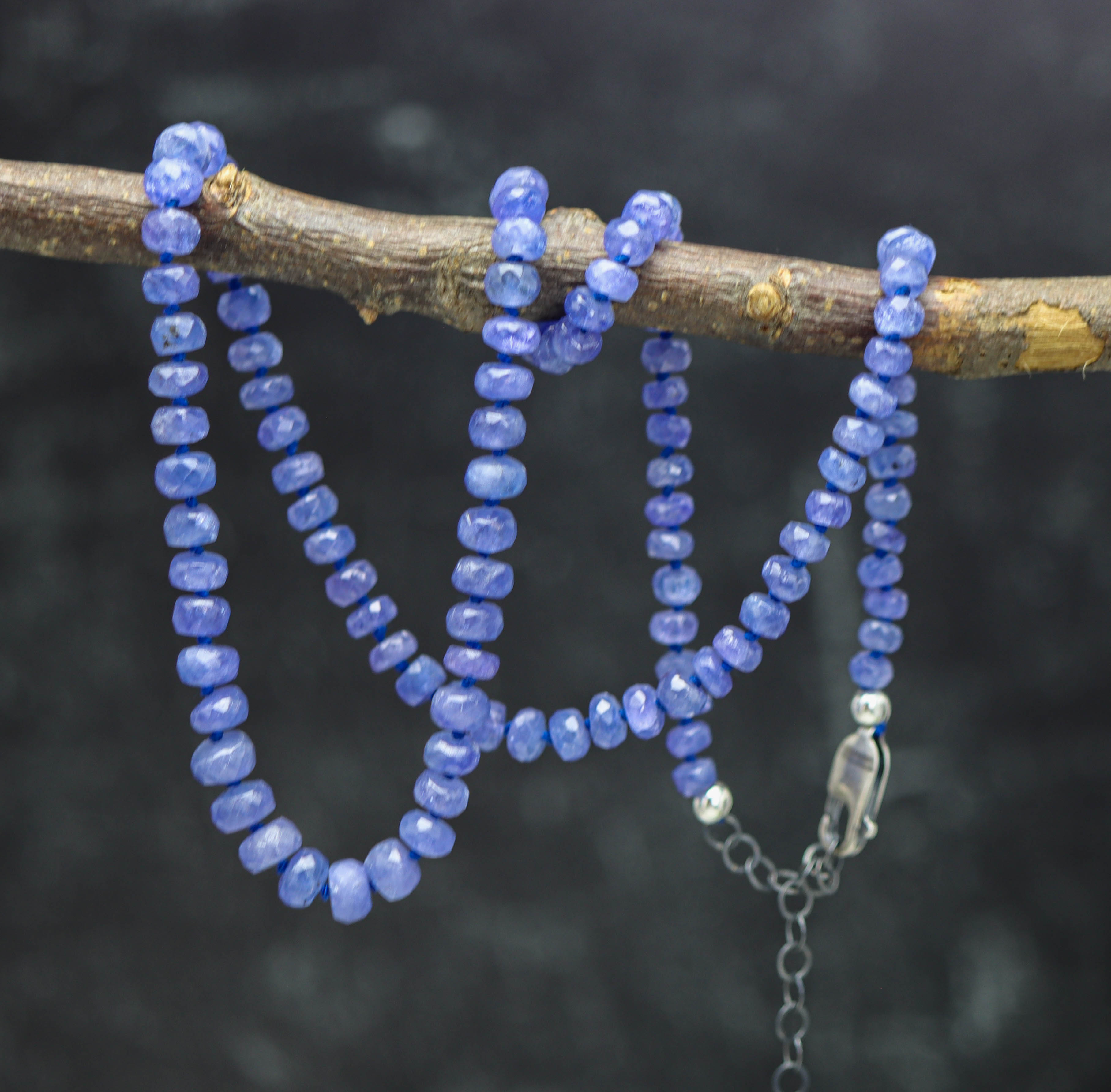 Tanzanite Hand Knotted Bead Necklace Sterling Silver