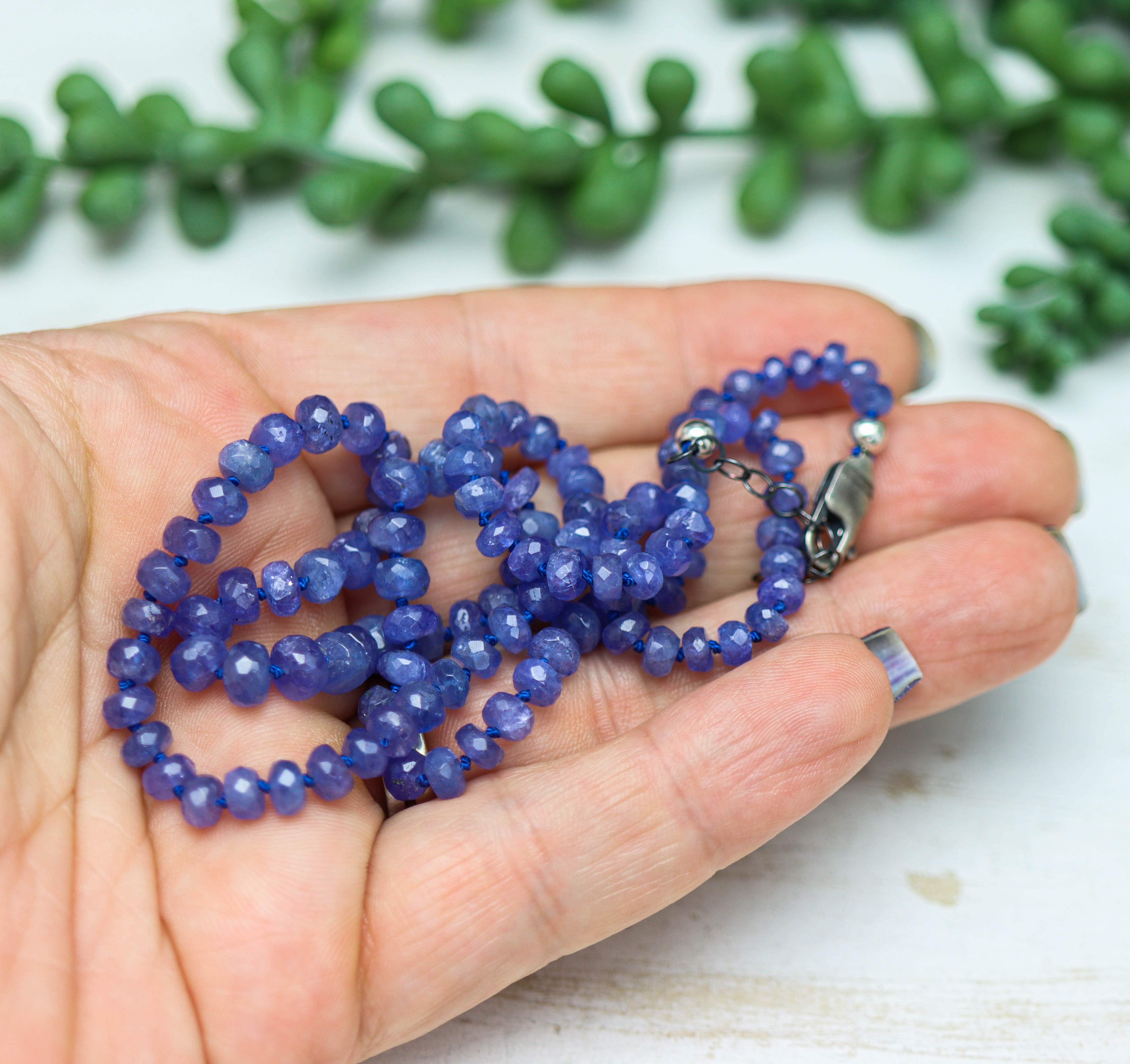 Tanzanite Hand Knotted Bead Necklace Sterling Silver