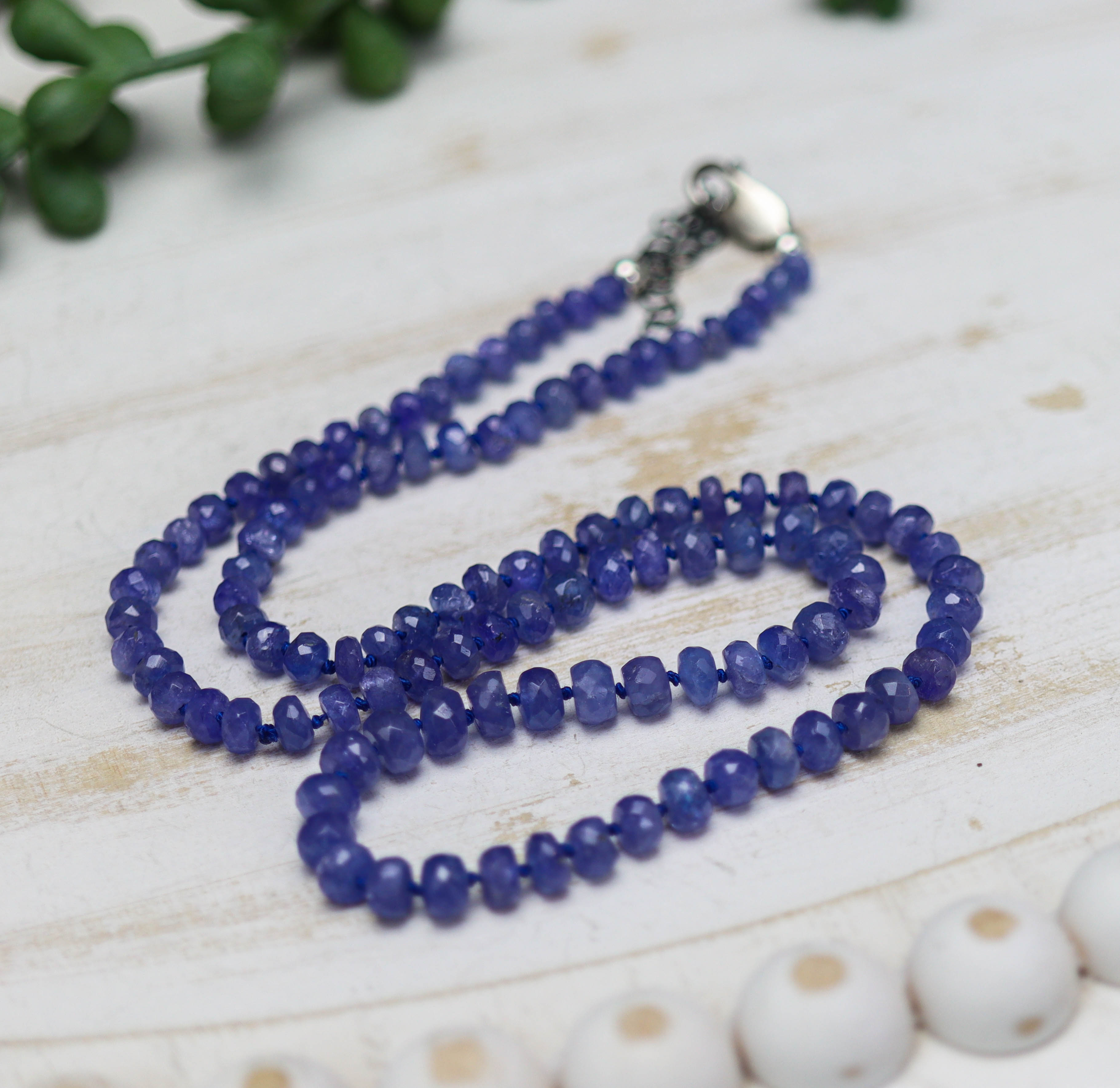 Tanzanite Hand Knotted Bead Necklace Sterling Silver