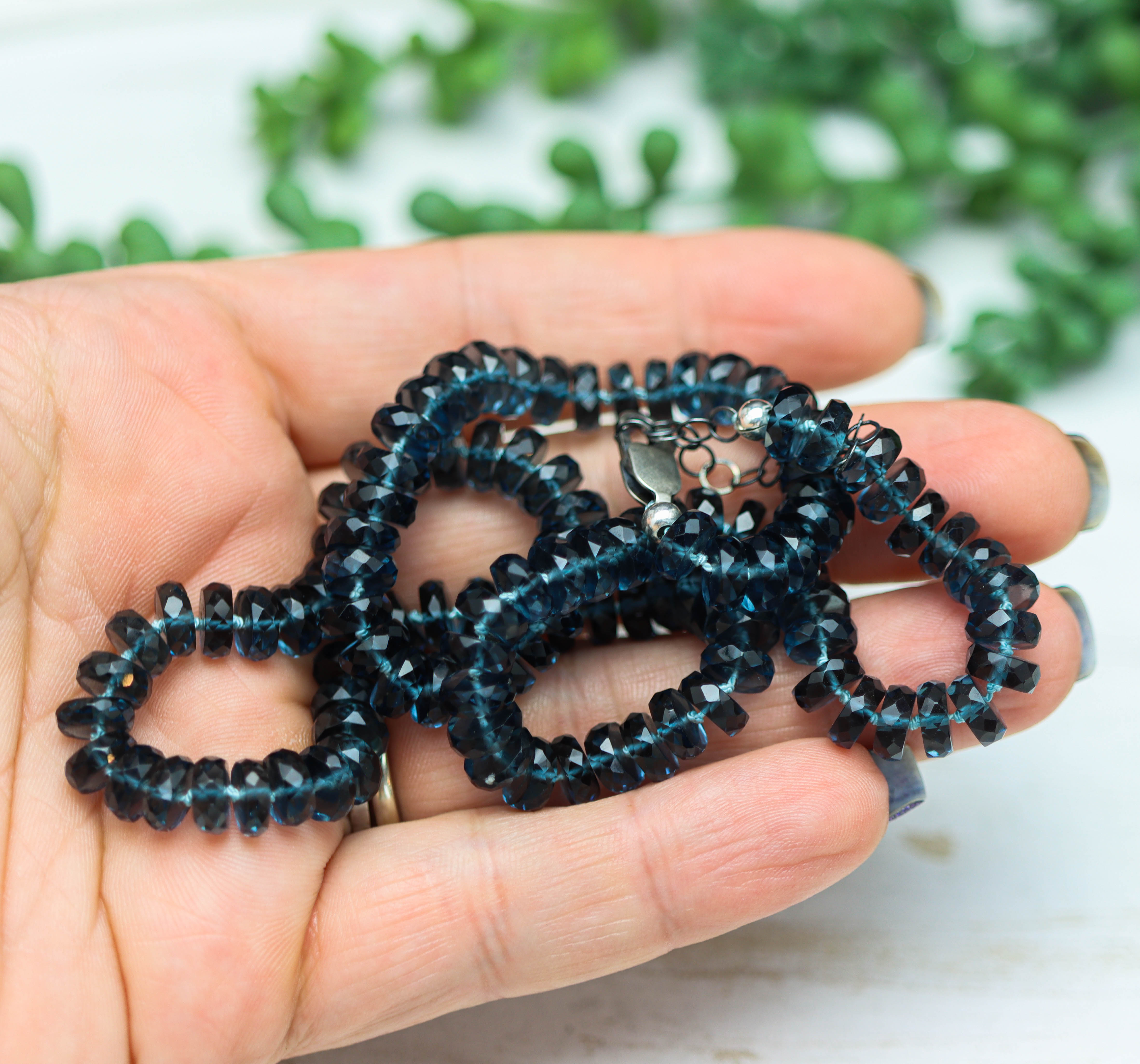 London Blue Topaz Hand Knotted Bead Necklace Sterling Silver