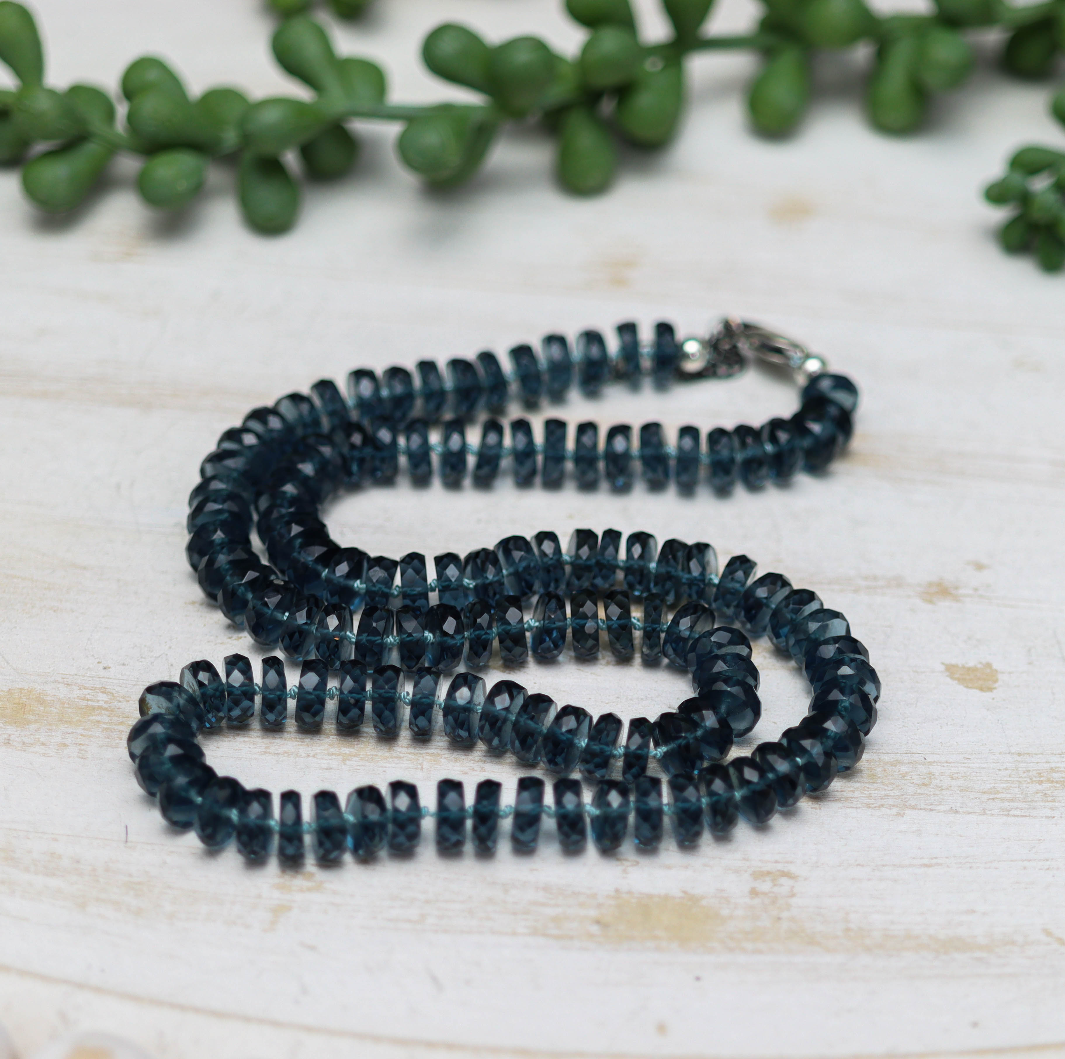 London Blue Topaz Hand Knotted Bead Necklace Sterling Silver