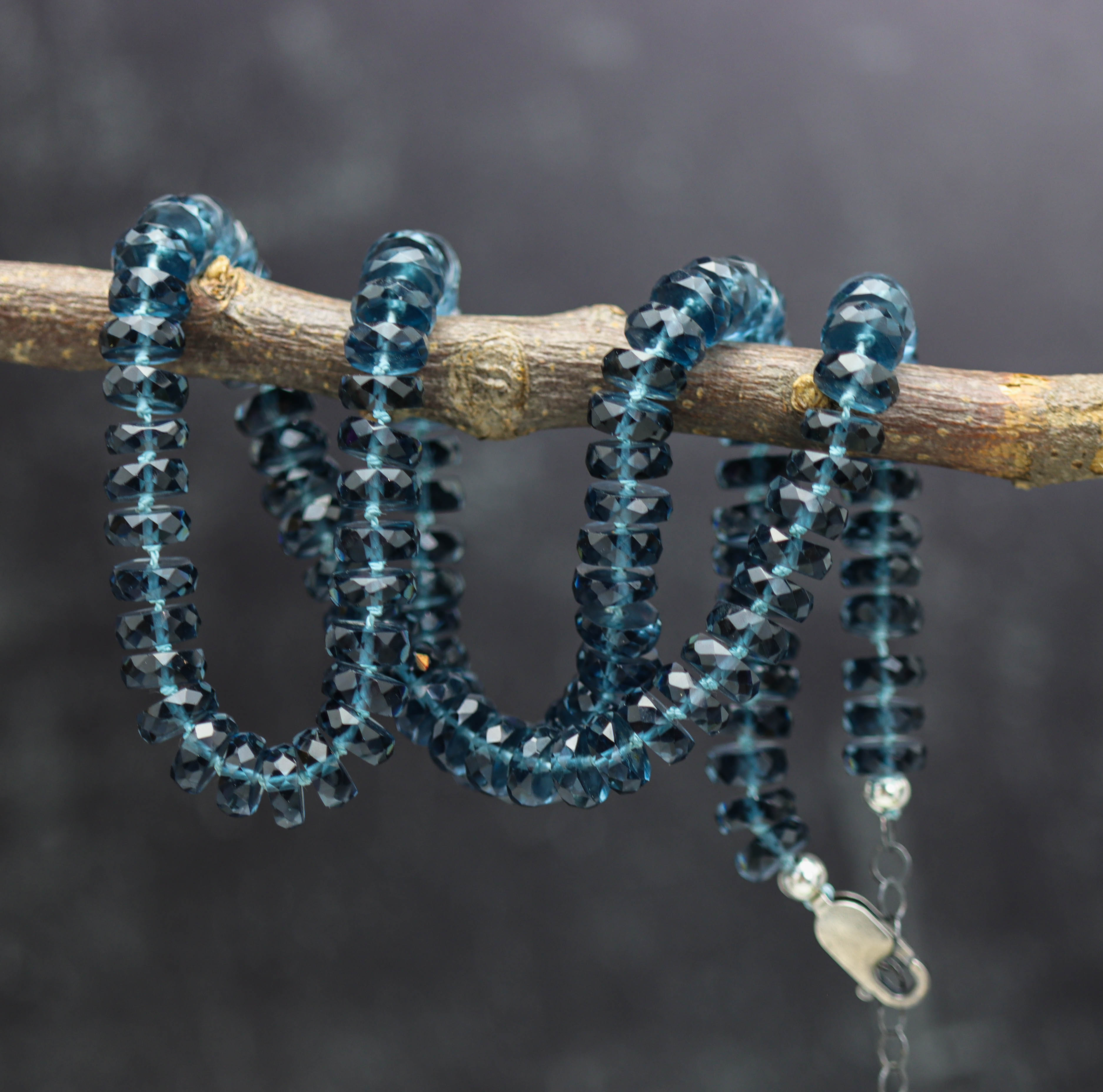 London Blue Topaz Hand Knotted Bead Necklace Sterling Silver