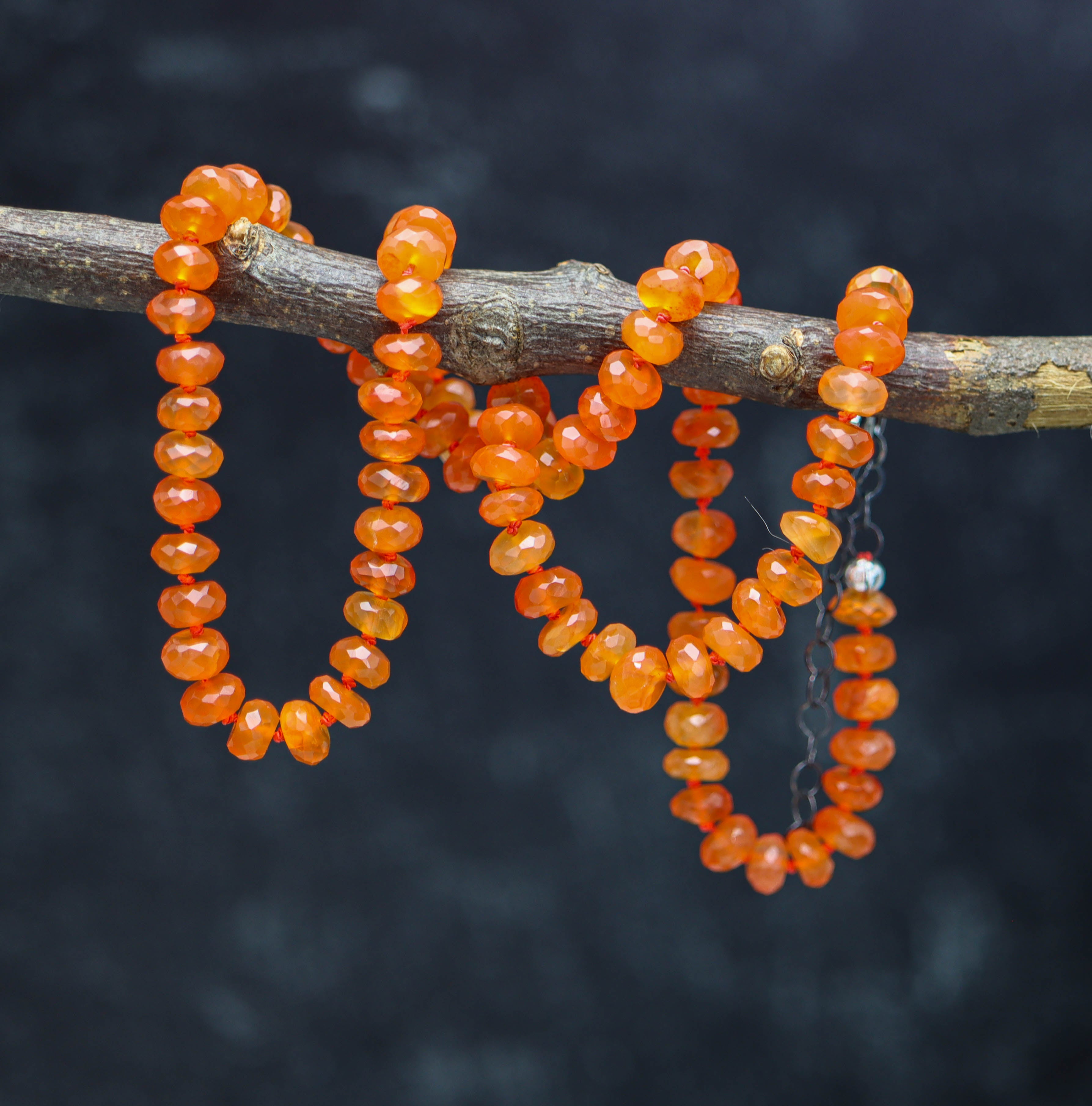Juicy Orange Carnelian Hand Knotted Bead Necklace Sterling Silver