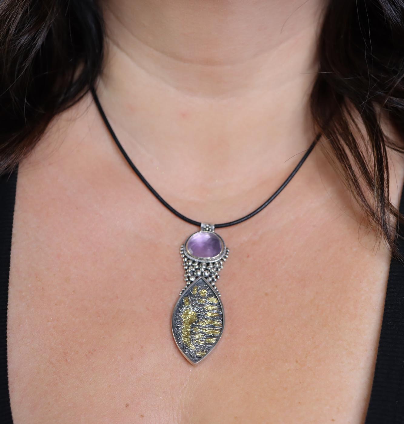 The Goddess Pendant #3 Amethyst Necklace Sterling Silver and 22k Gold