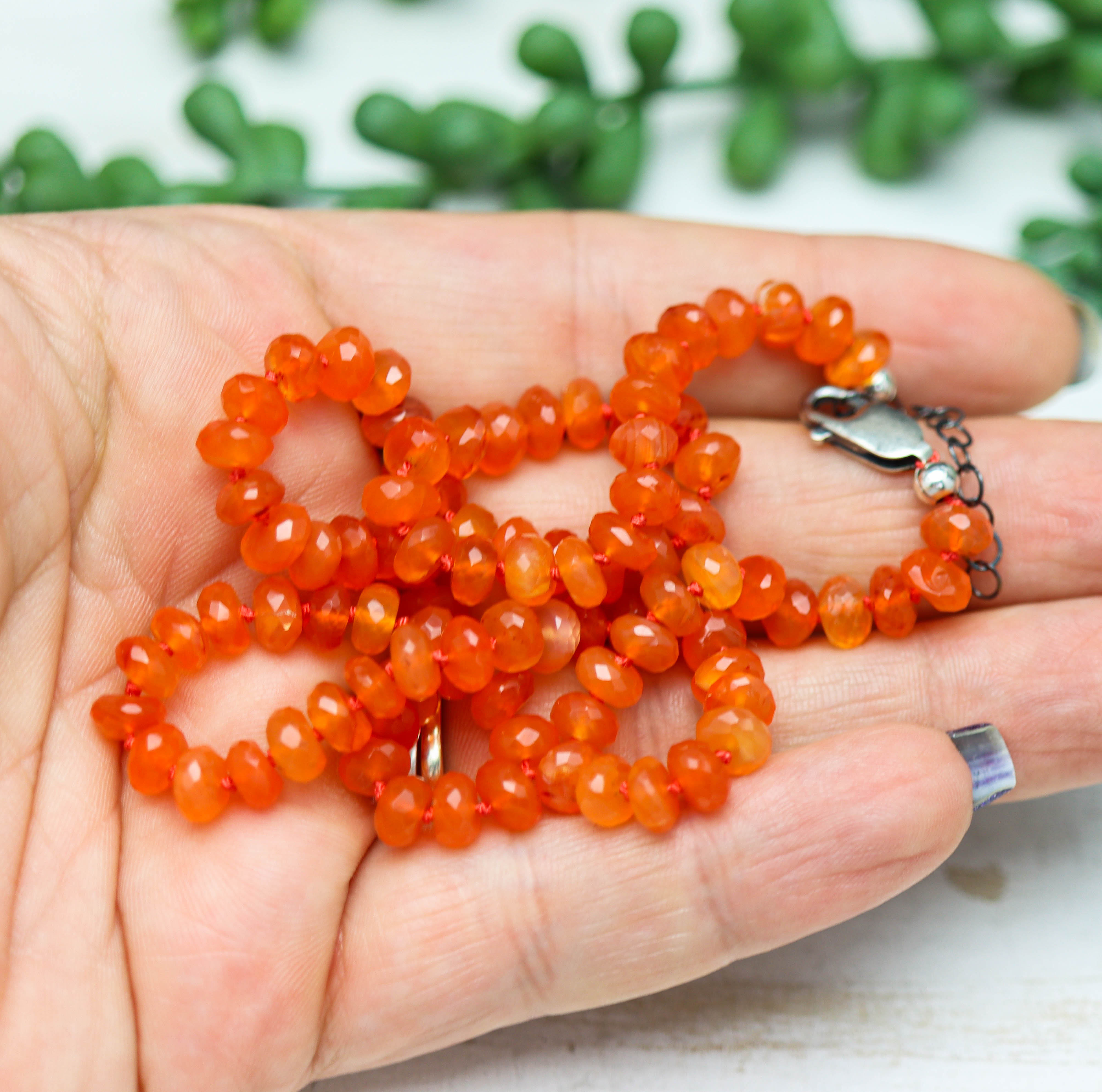 Juicy Orange Carnelian Hand Knotted Bead Necklace Sterling Silver