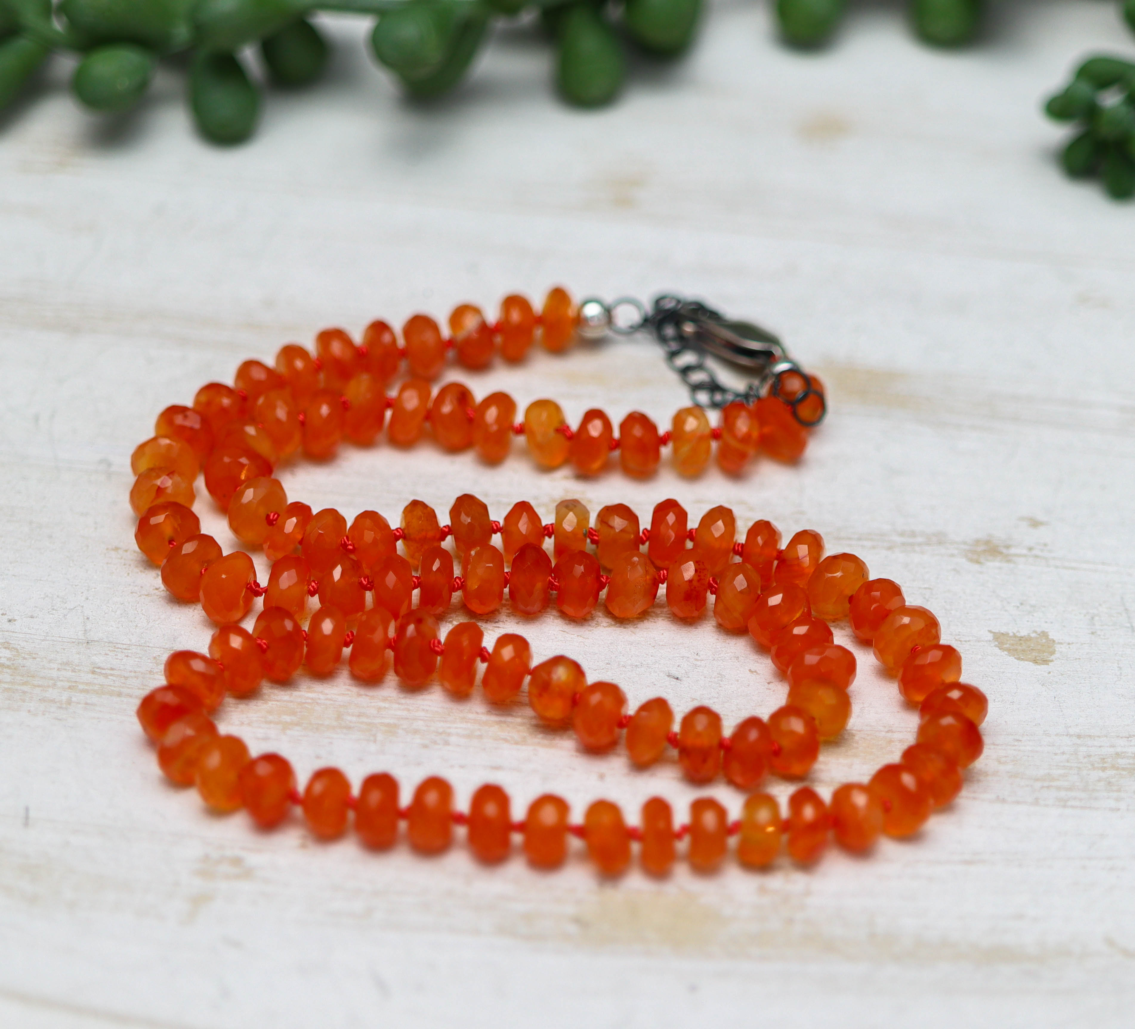 Juicy Orange Carnelian Hand Knotted Bead Necklace Sterling Silver
