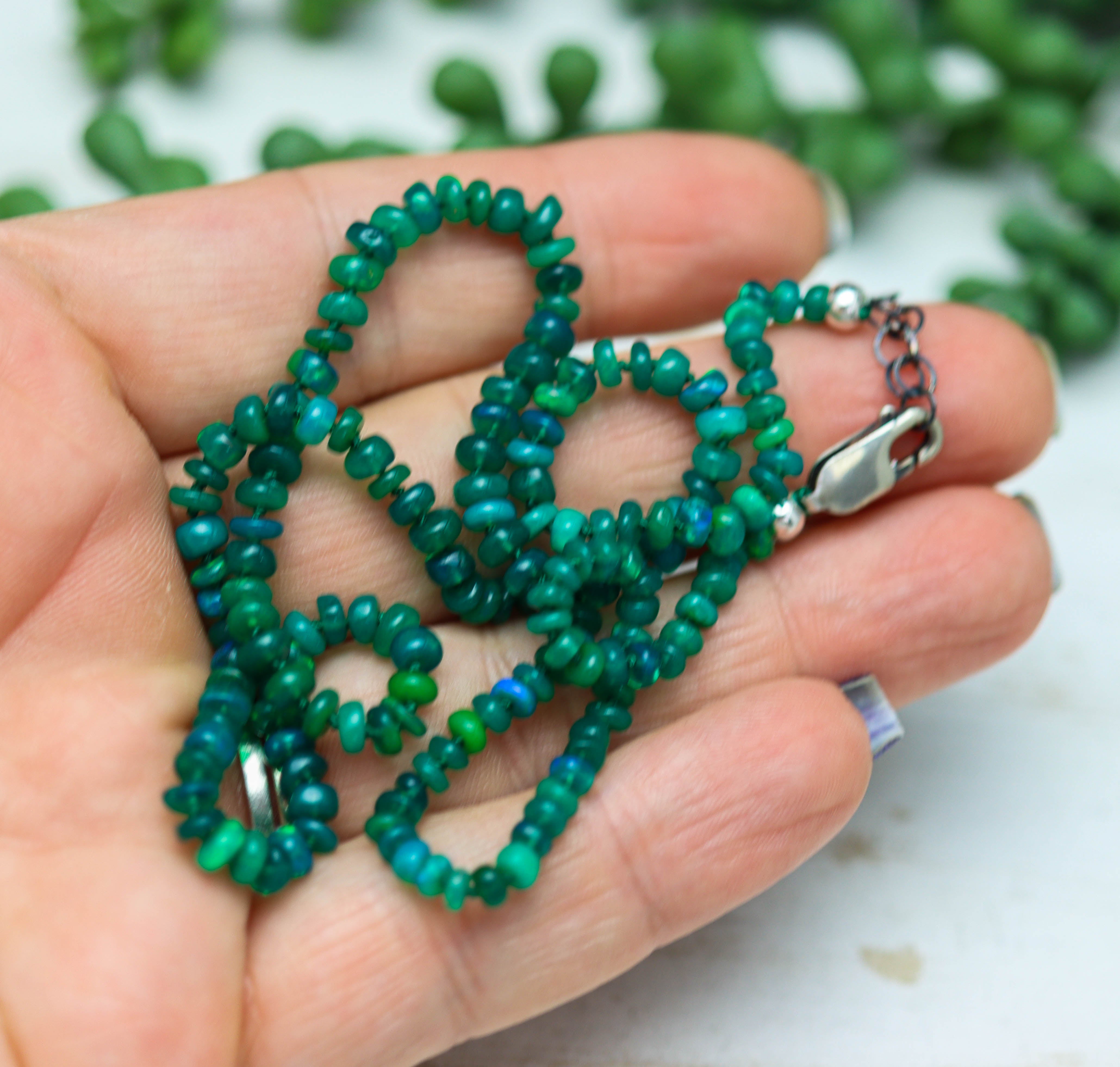 Green Opal Hand Knotted Bead Necklace Sterling Silver