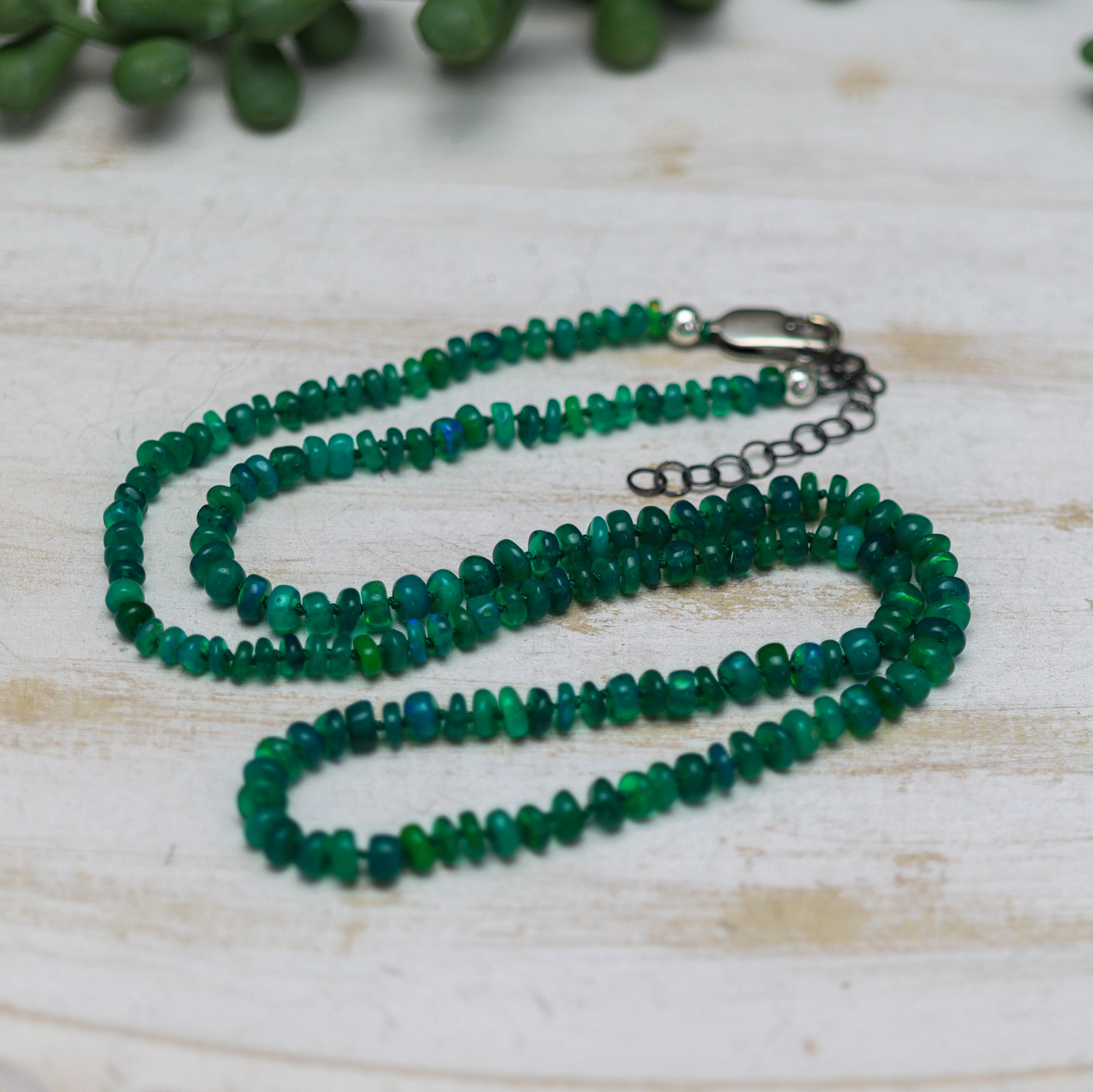 Green Opal Hand Knotted Bead Necklace Sterling Silver