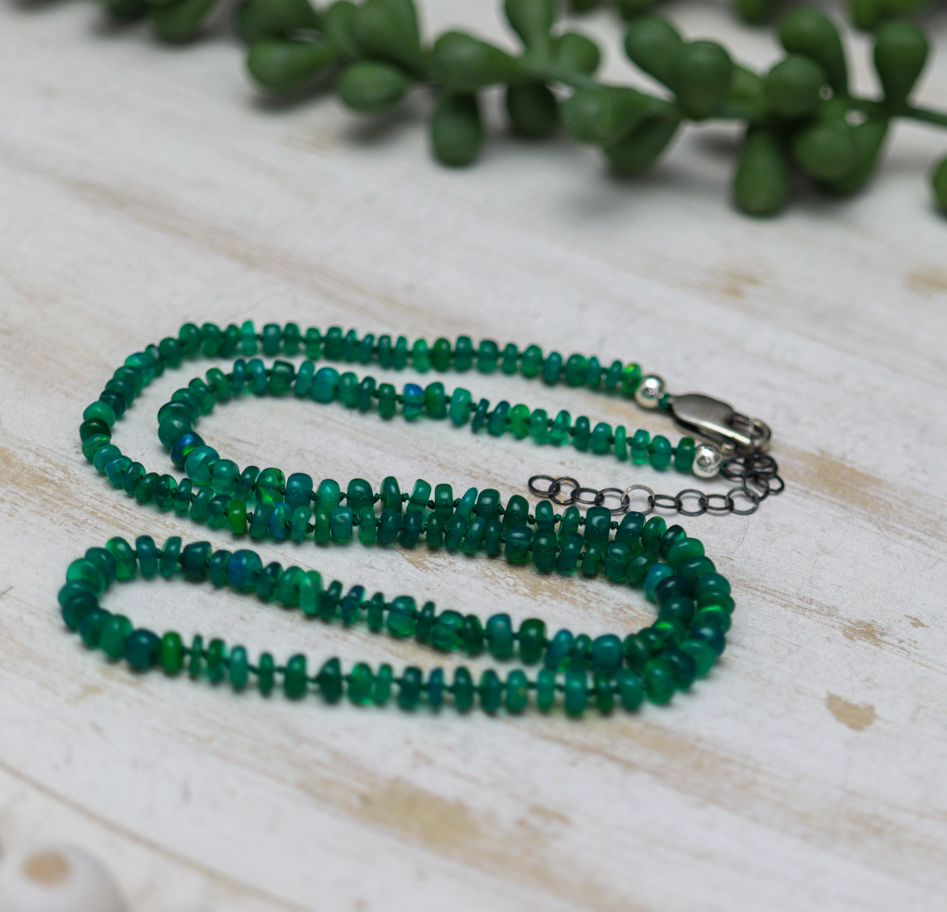 Green Opal Hand Knotted Bead Necklace Sterling Silver