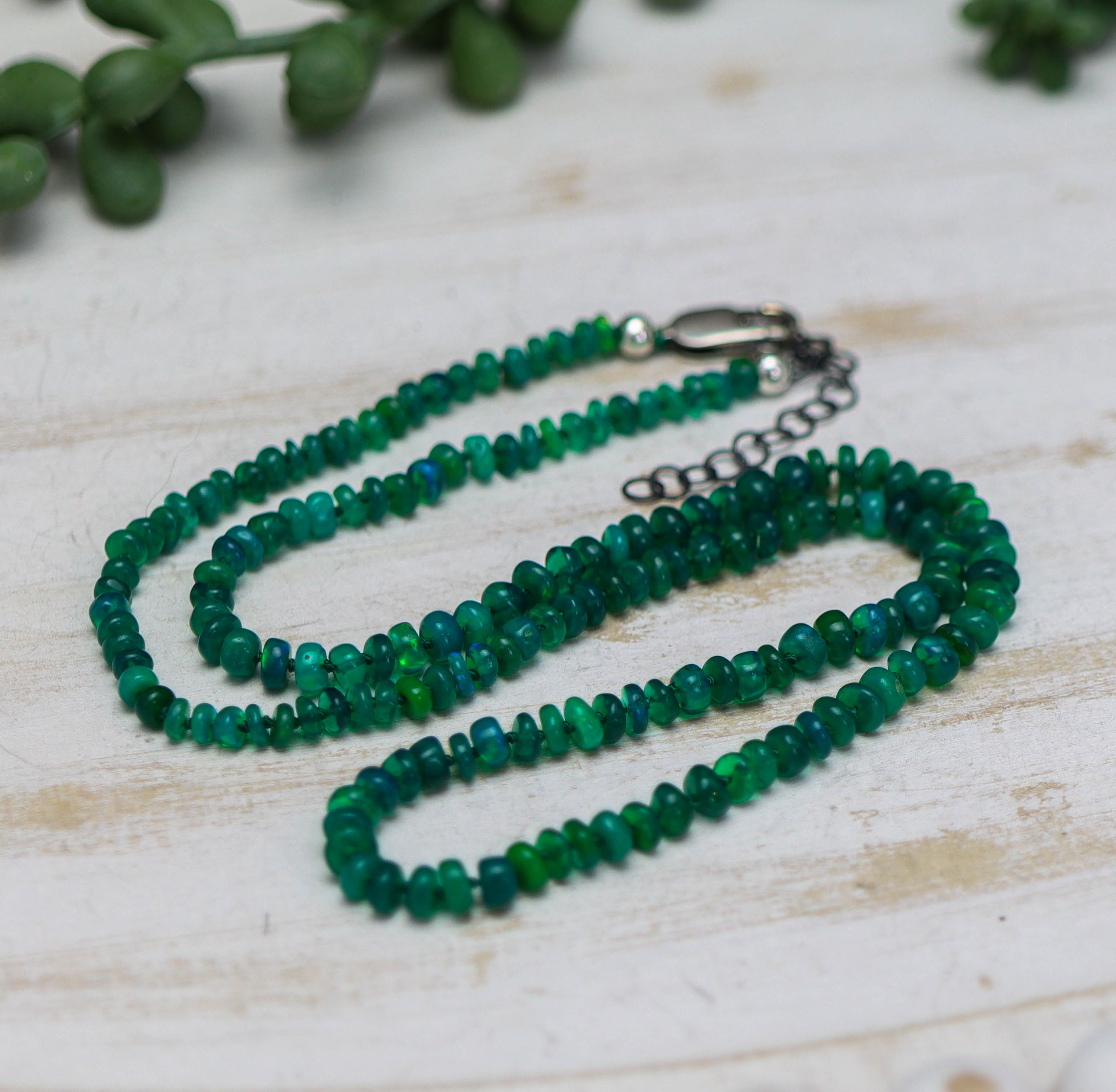 Green Opal Hand Knotted Bead Necklace Sterling Silver