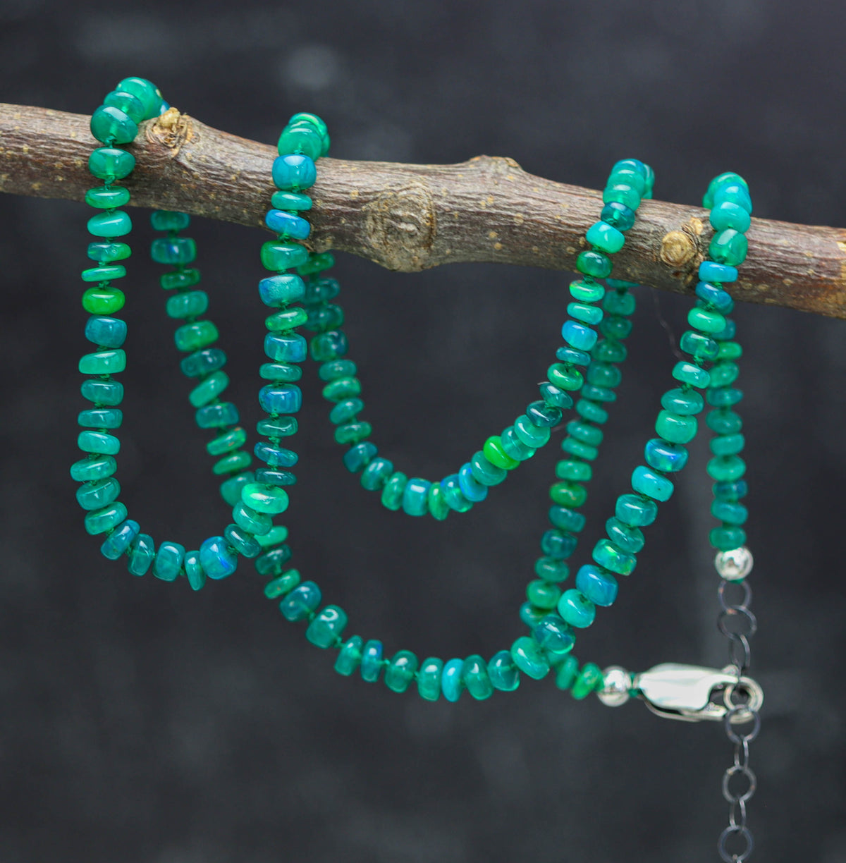 Green Opal Hand Knotted Bead Necklace Sterling Silver