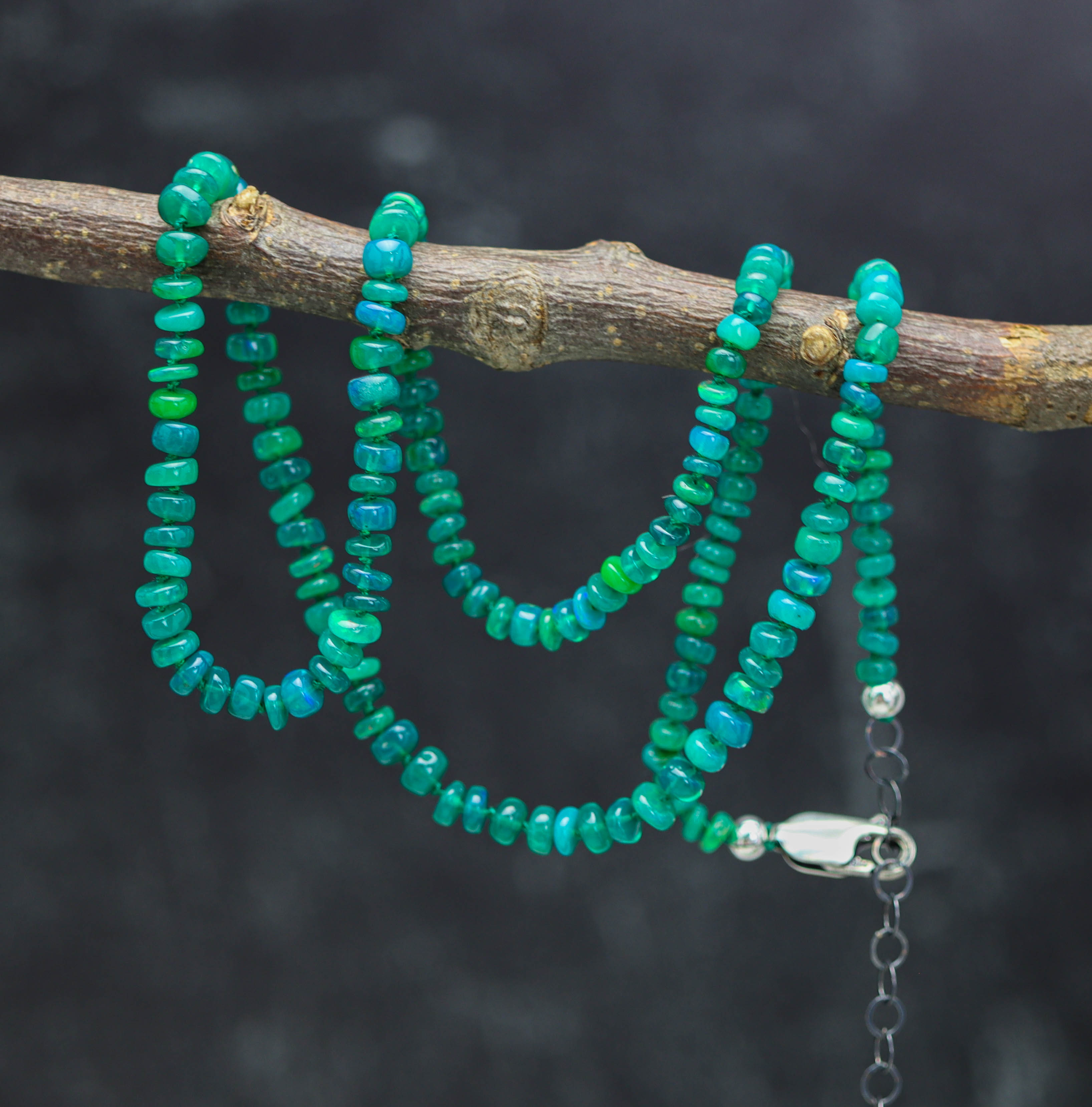 Green Opal Hand Knotted Bead Necklace Sterling Silver