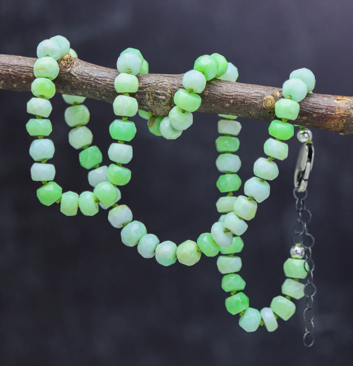 Lime Green Opal Hand Knotted Bead Necklace Sterling Silver