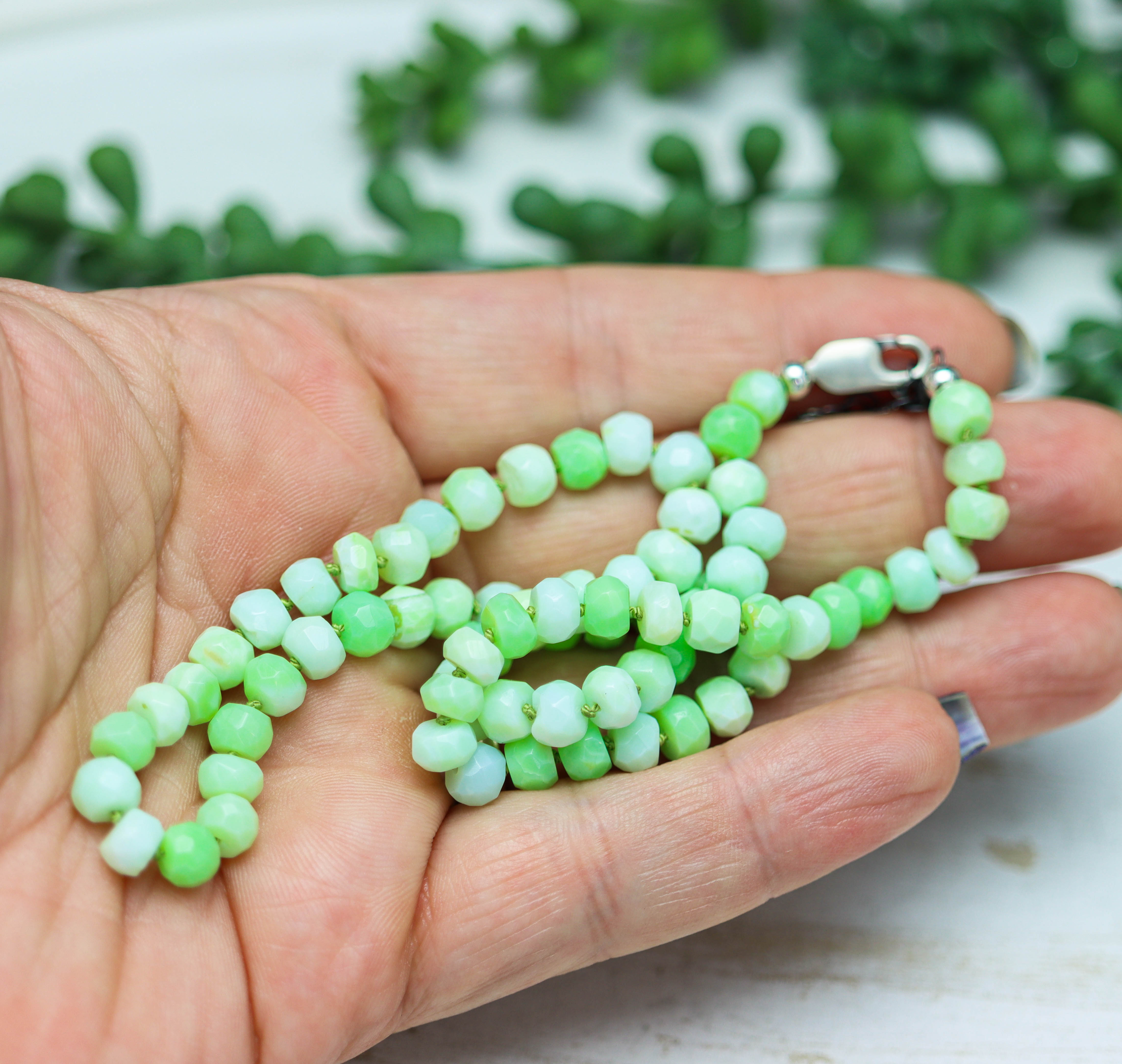 Lime Green Opal Hand Knotted Bead Necklace Sterling Silver