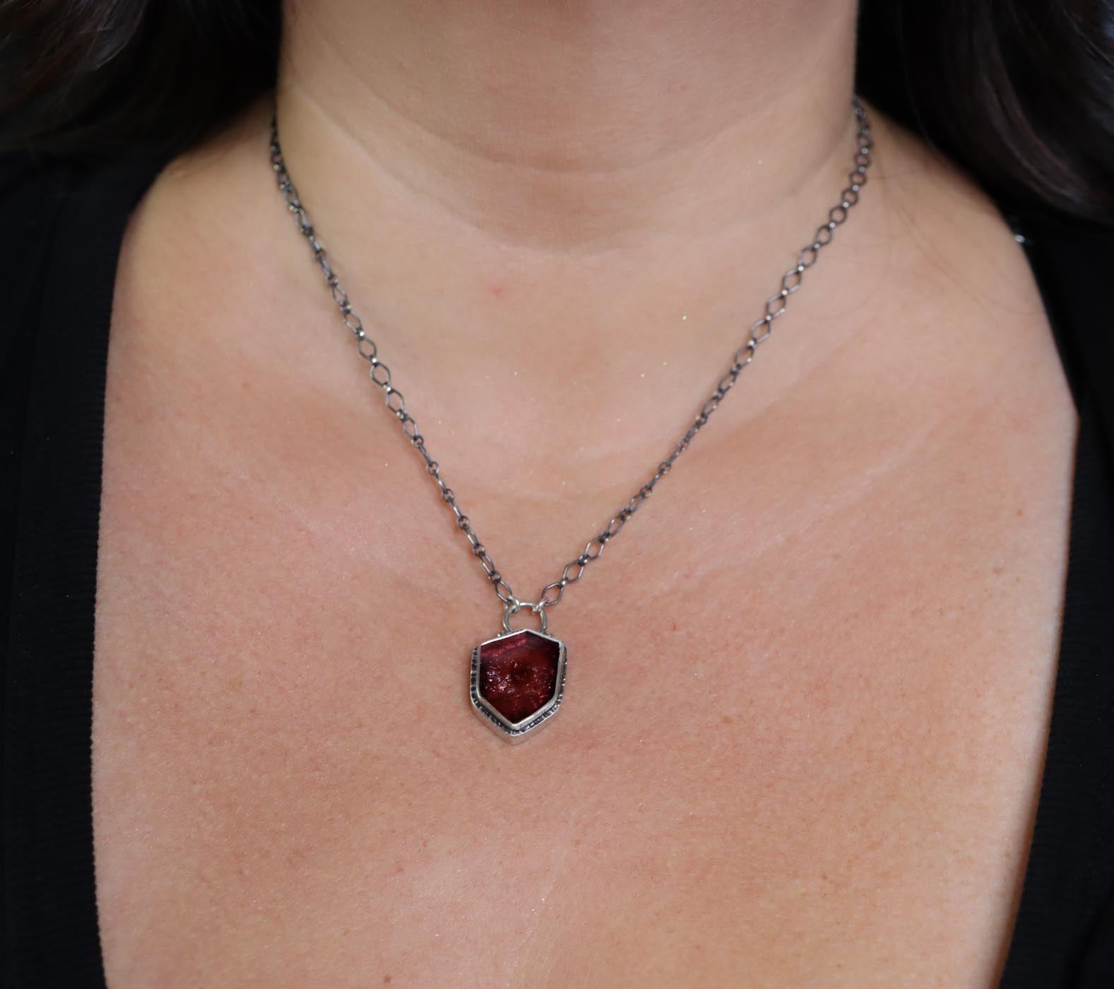 Raw Pink Watermelon Tourmaline Slice Pendant Necklace Sterling Silver
