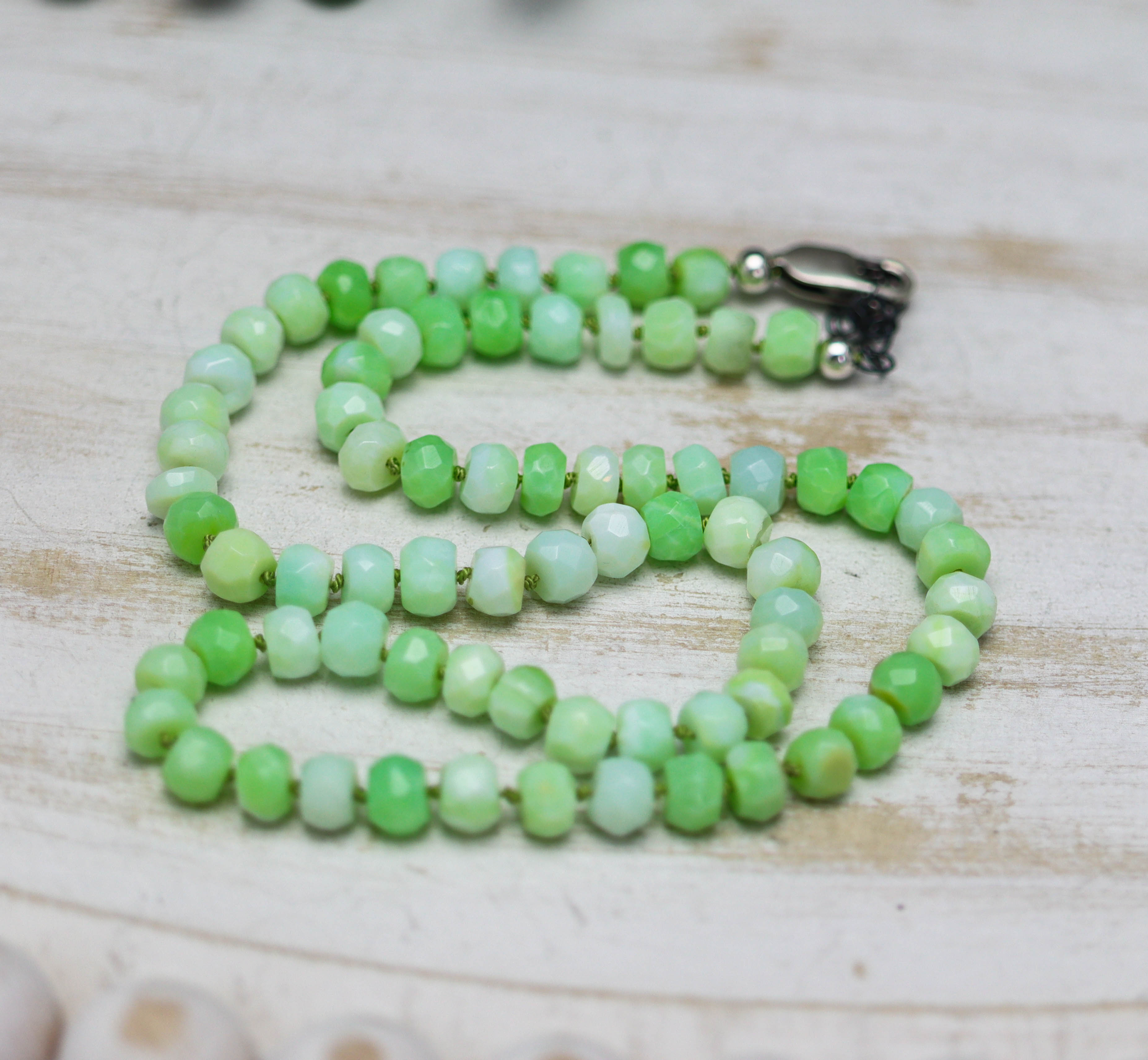 Lime Green Opal Hand Knotted Bead Necklace Sterling Silver