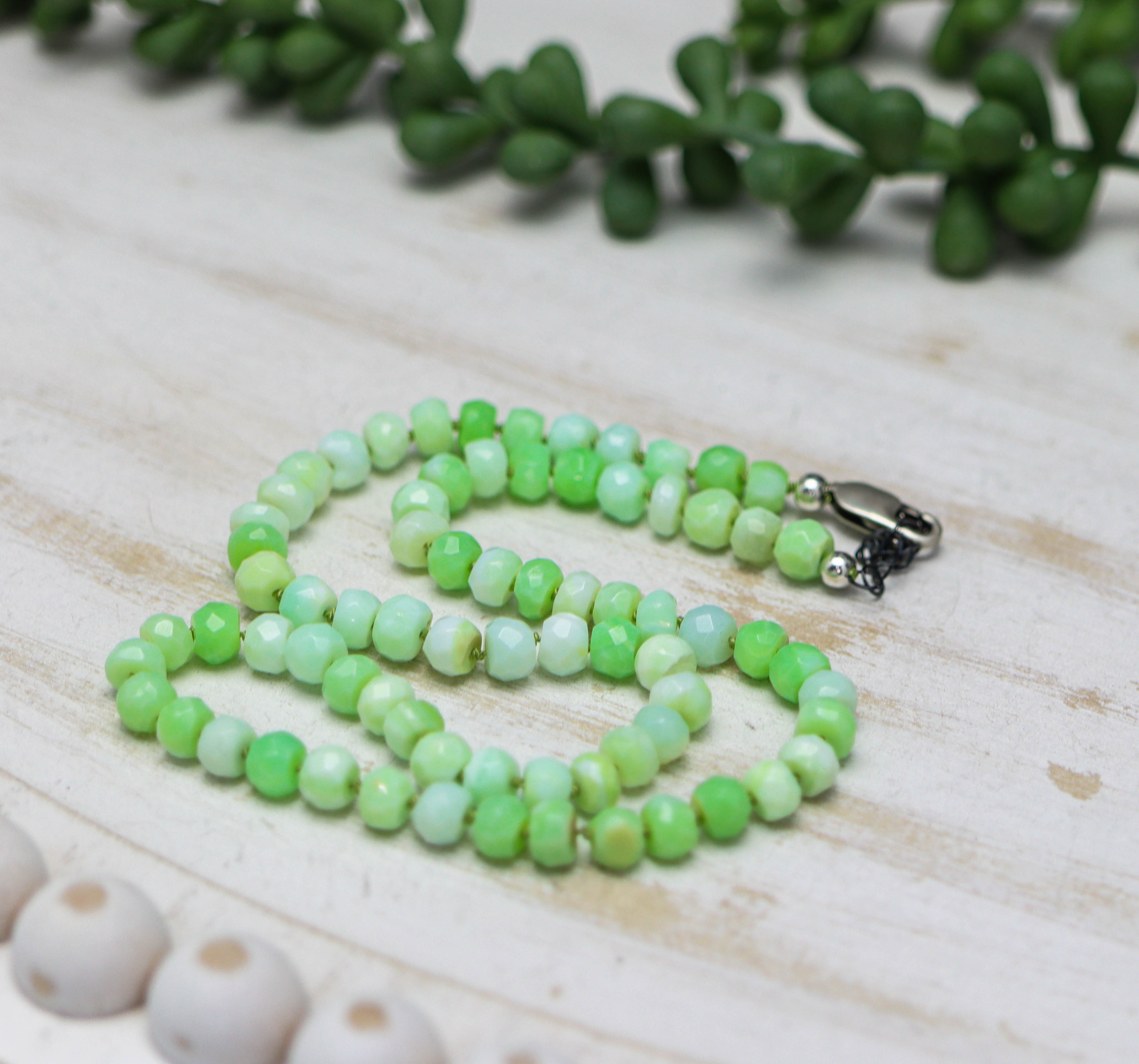 Lime Green Opal Hand Knotted Bead Necklace Sterling Silver