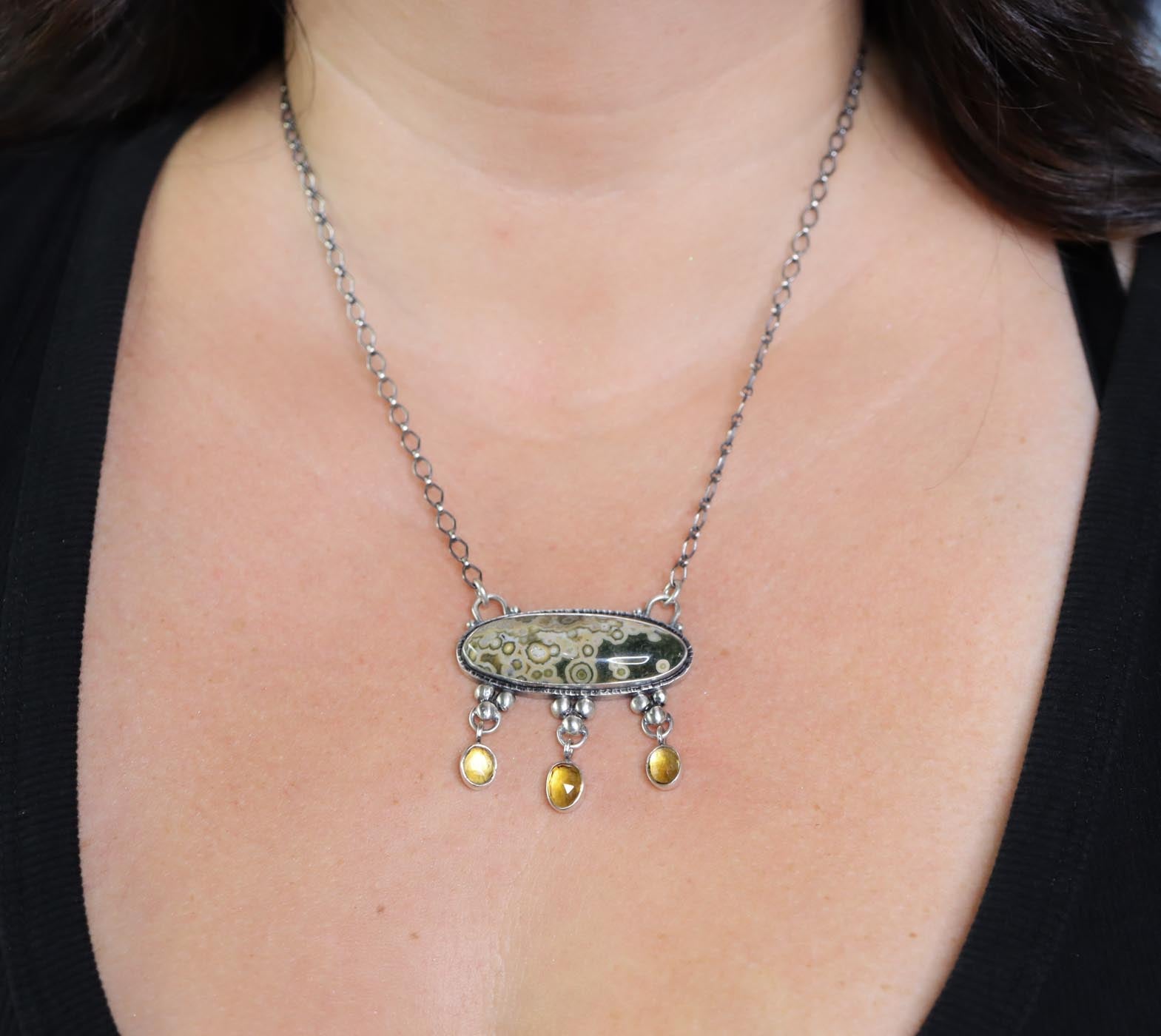 Ocean Jasper and Mandarine Citrine Pendant Sterling Silver One Of a Kind Gemstone Necklace