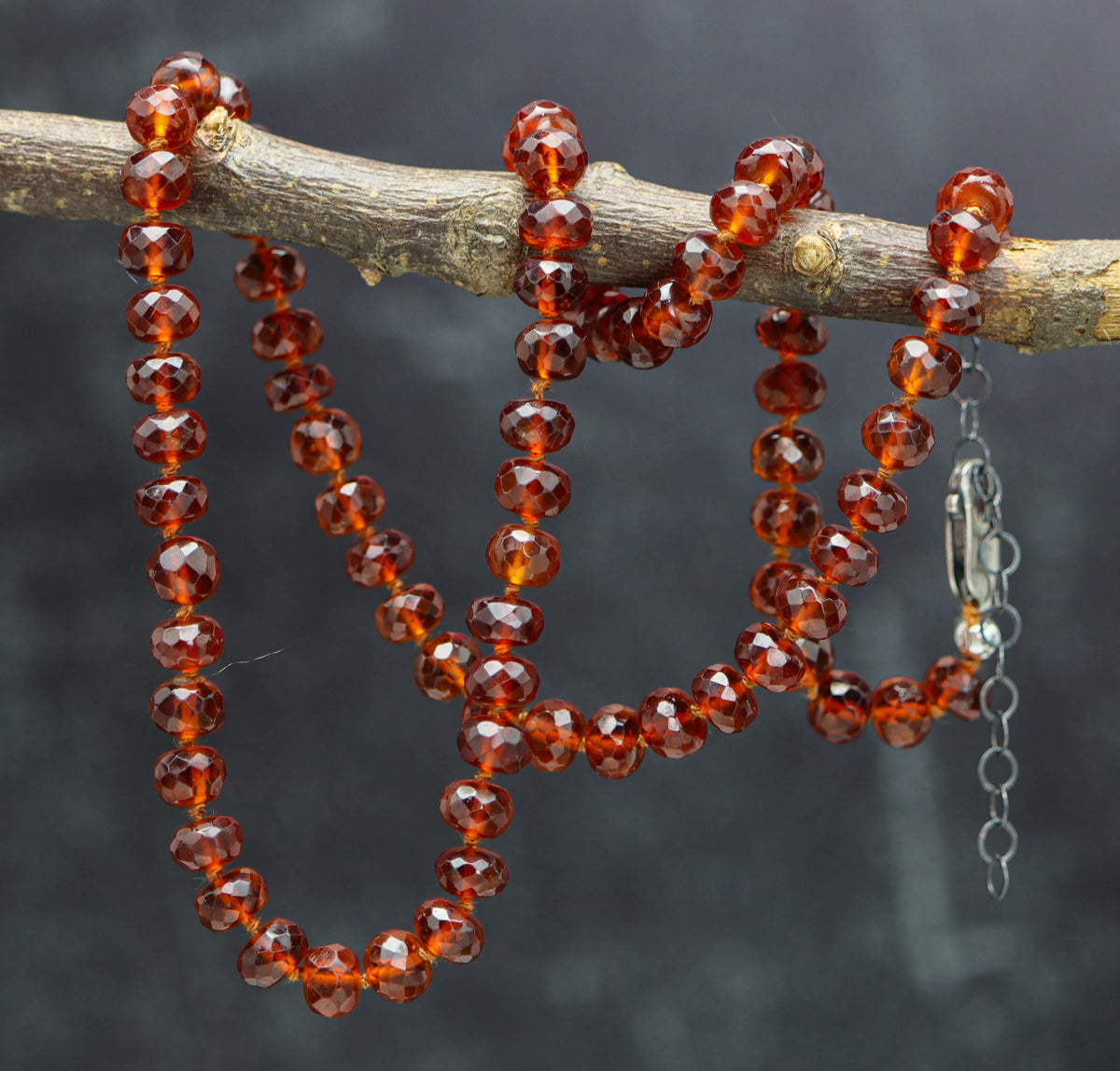 Hessonite Garnet Hand-Knotted Strand Necklace in Sterling Silver 18 inch