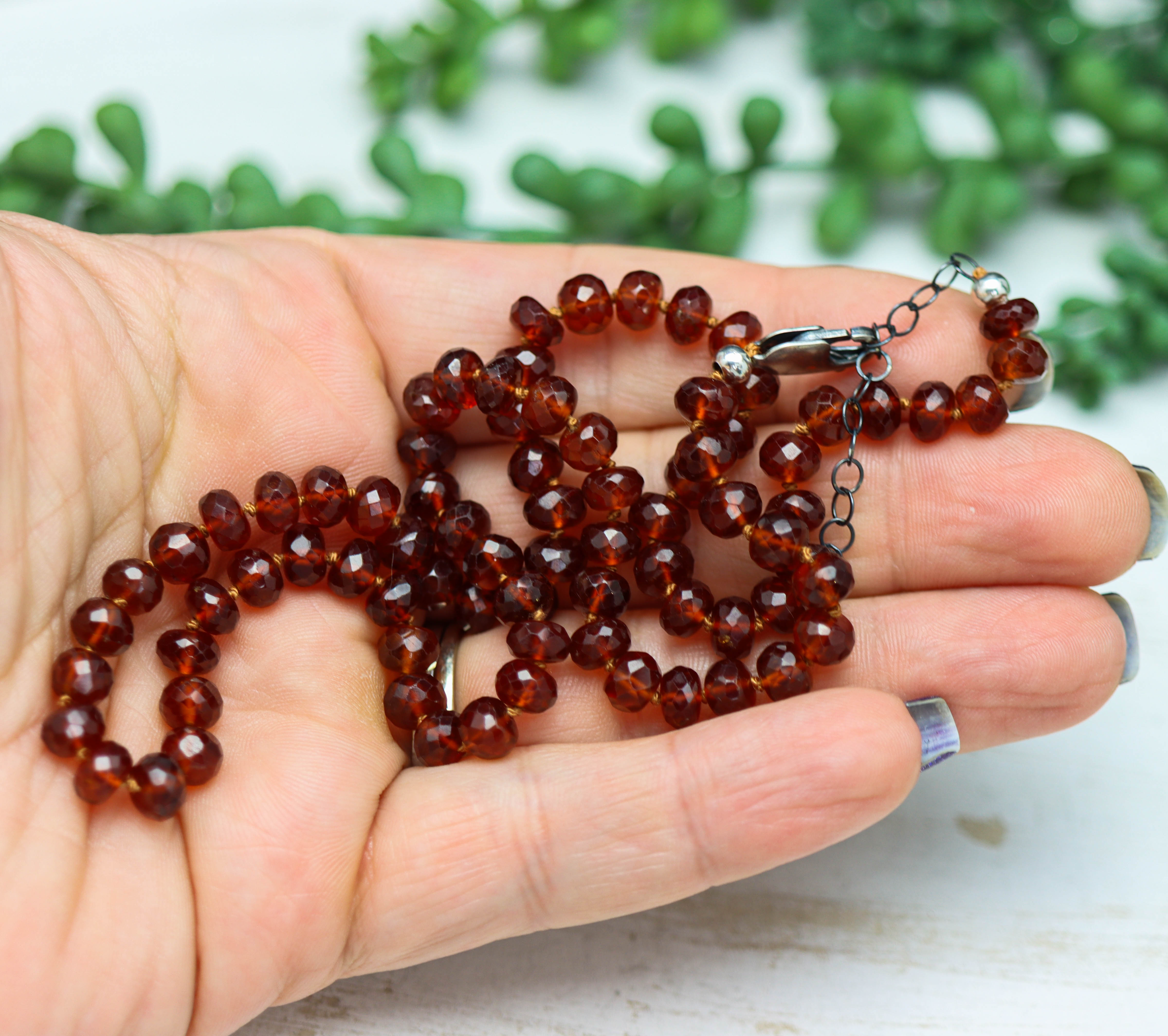 Hessonite Garnet Hand-Knotted Strand Necklace in Sterling Silver 18 inch