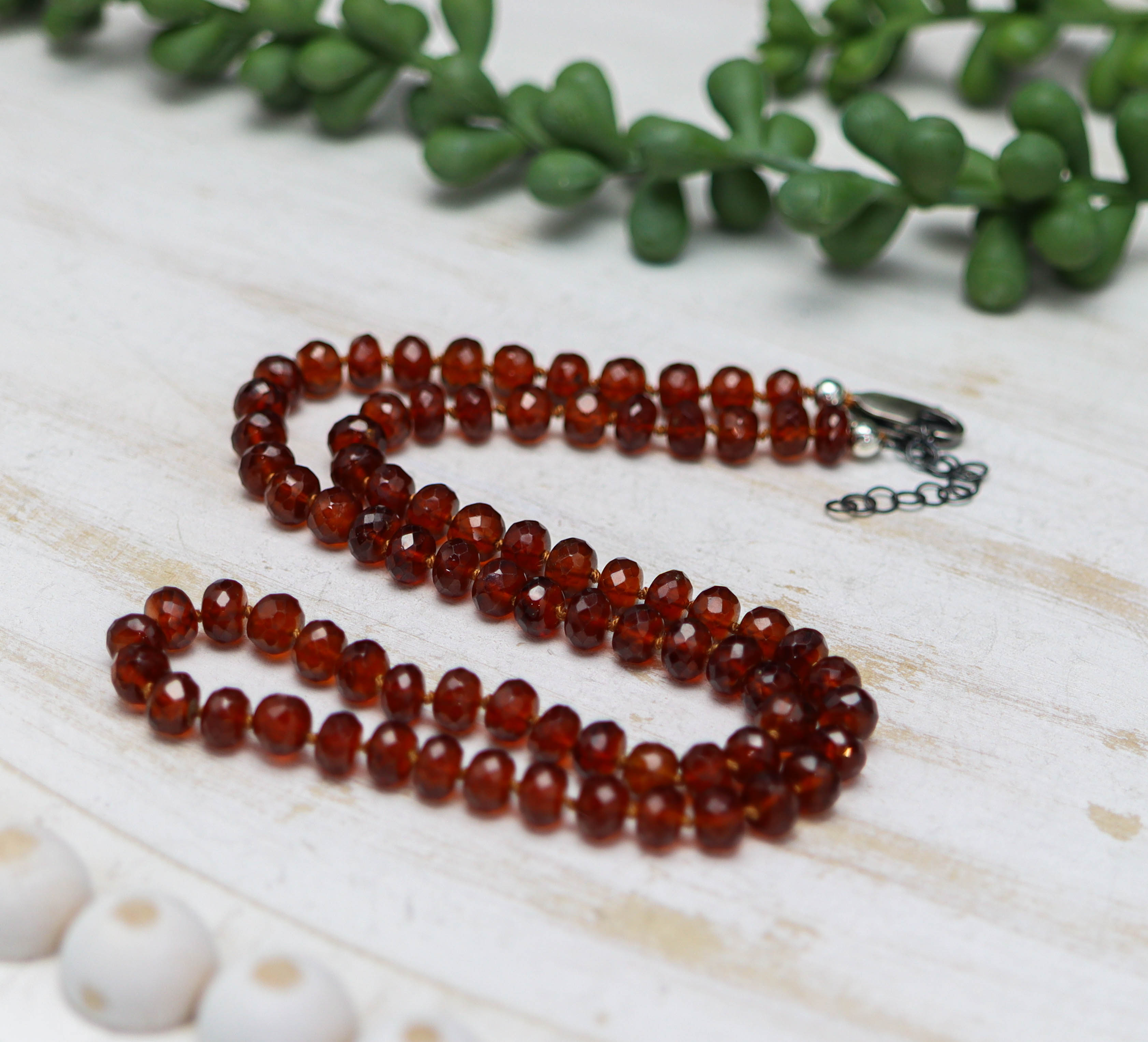 Hessonite Garnet Hand-Knotted Strand Necklace in Sterling Silver 18 inch
