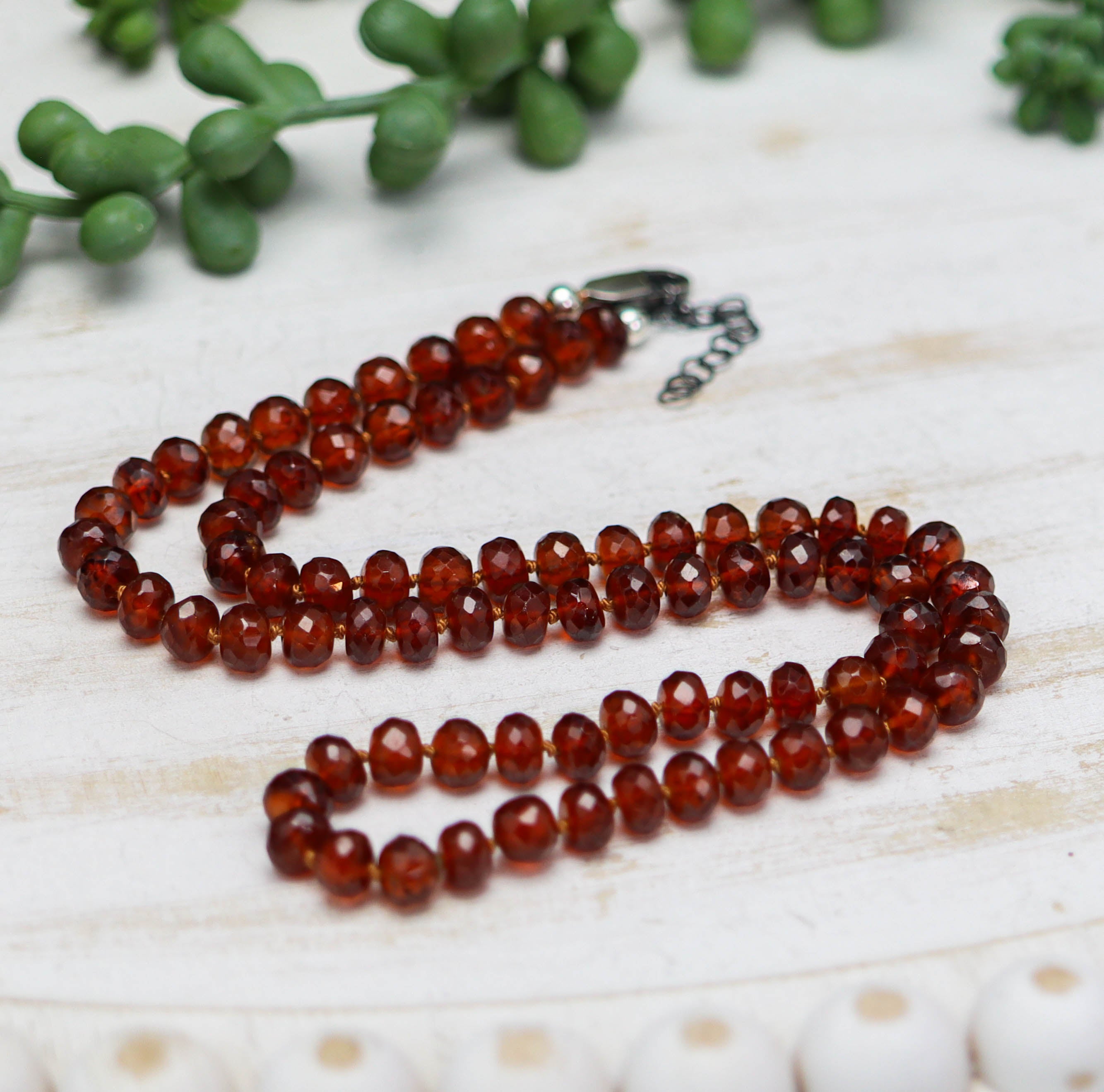 Hessonite Garnet Hand-Knotted Strand Necklace in Sterling Silver 18 inch