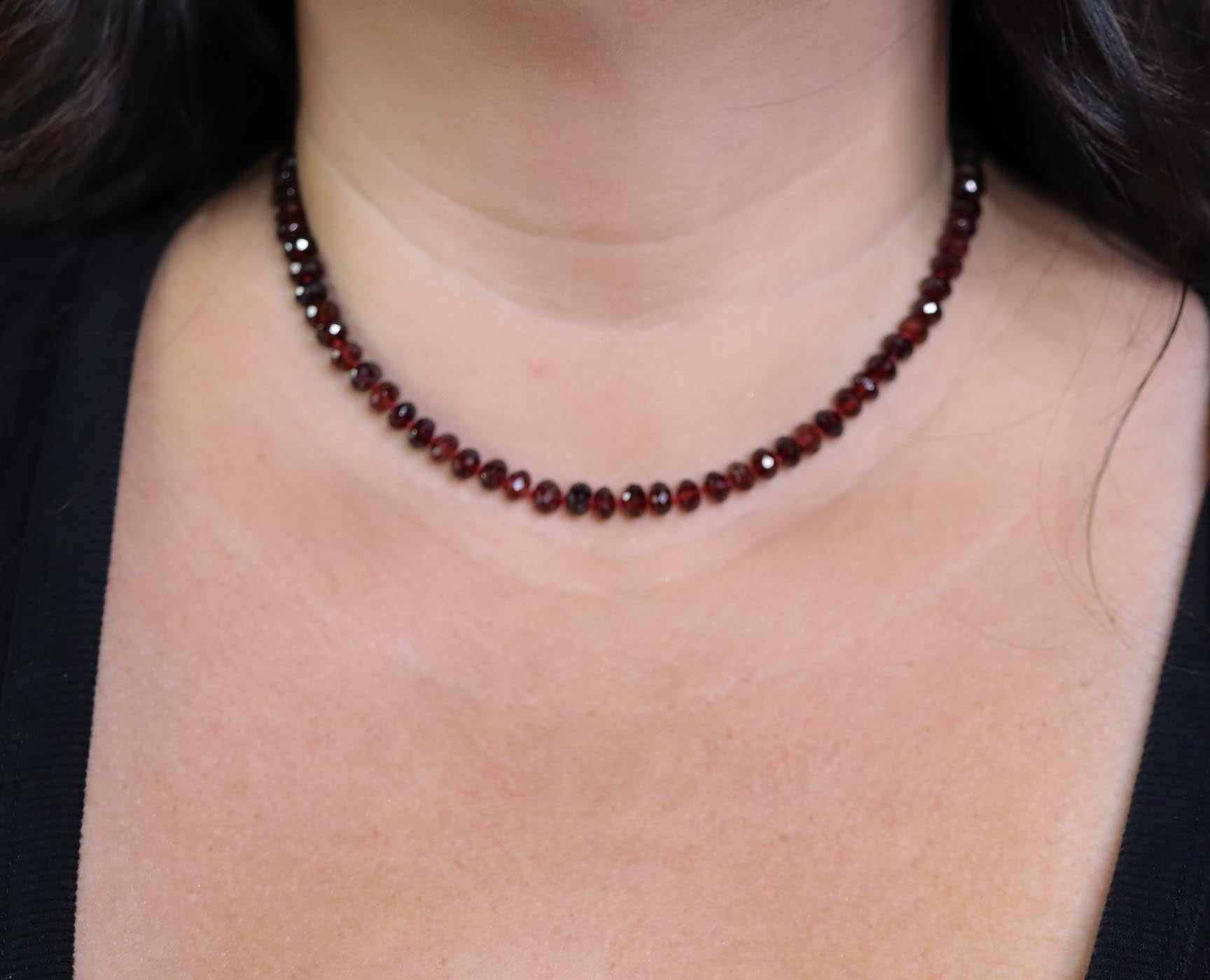 Short Rich Red Garnet Hand Knotted Bead Necklace Sterling Silver Long 16 inch