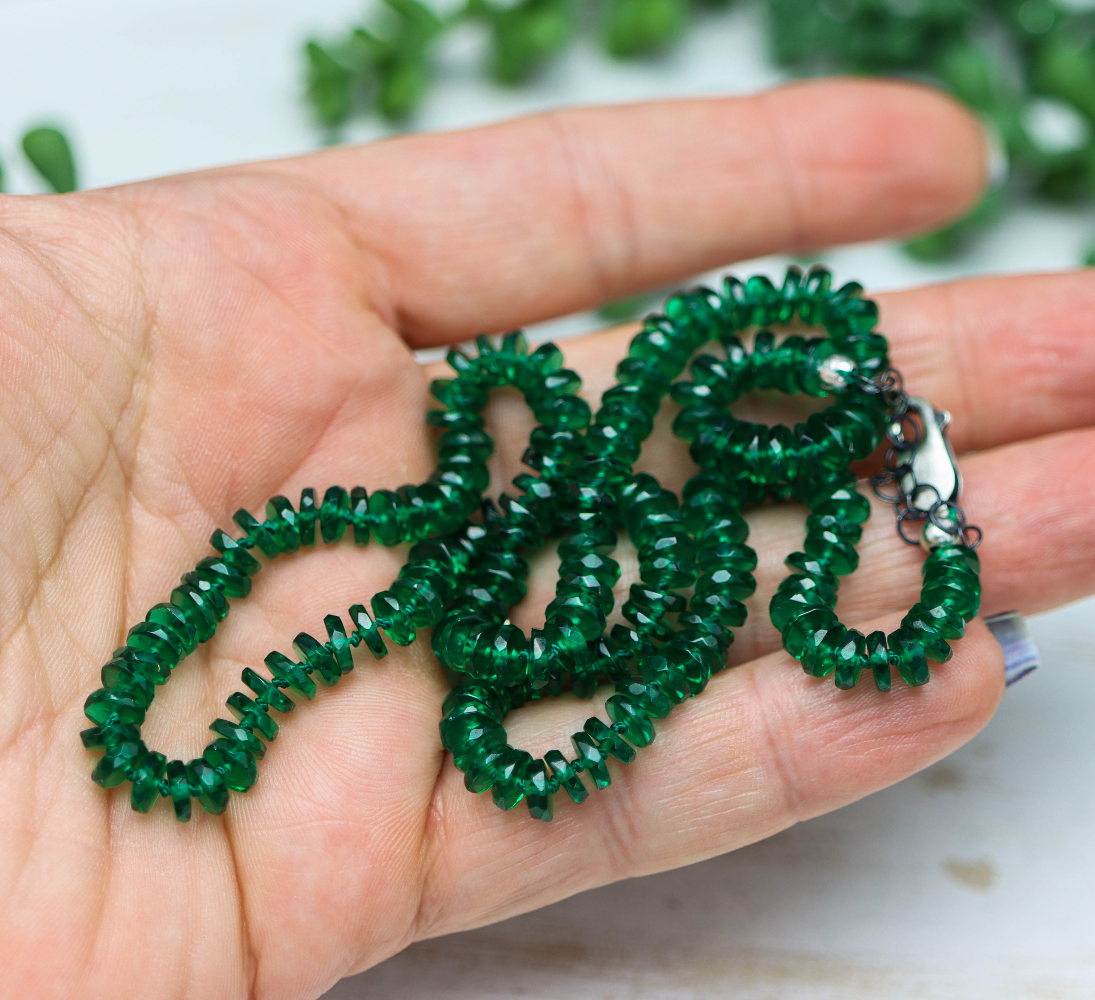 Green Onyx Hand Knotted Bead Necklace Sterling Silver