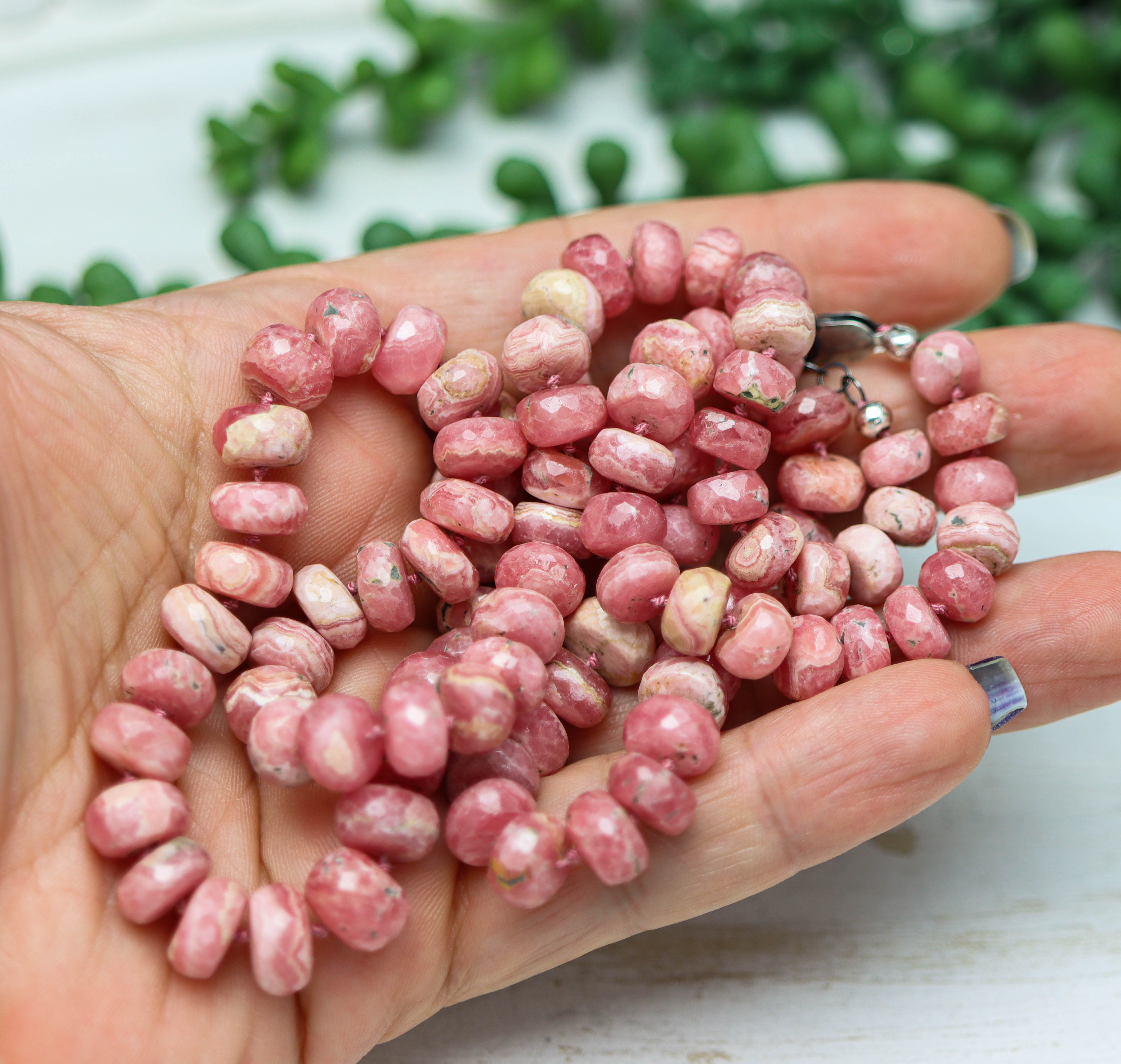 Pink Rhodochrosite Hand Knotted Bead Necklace Sterling Silver