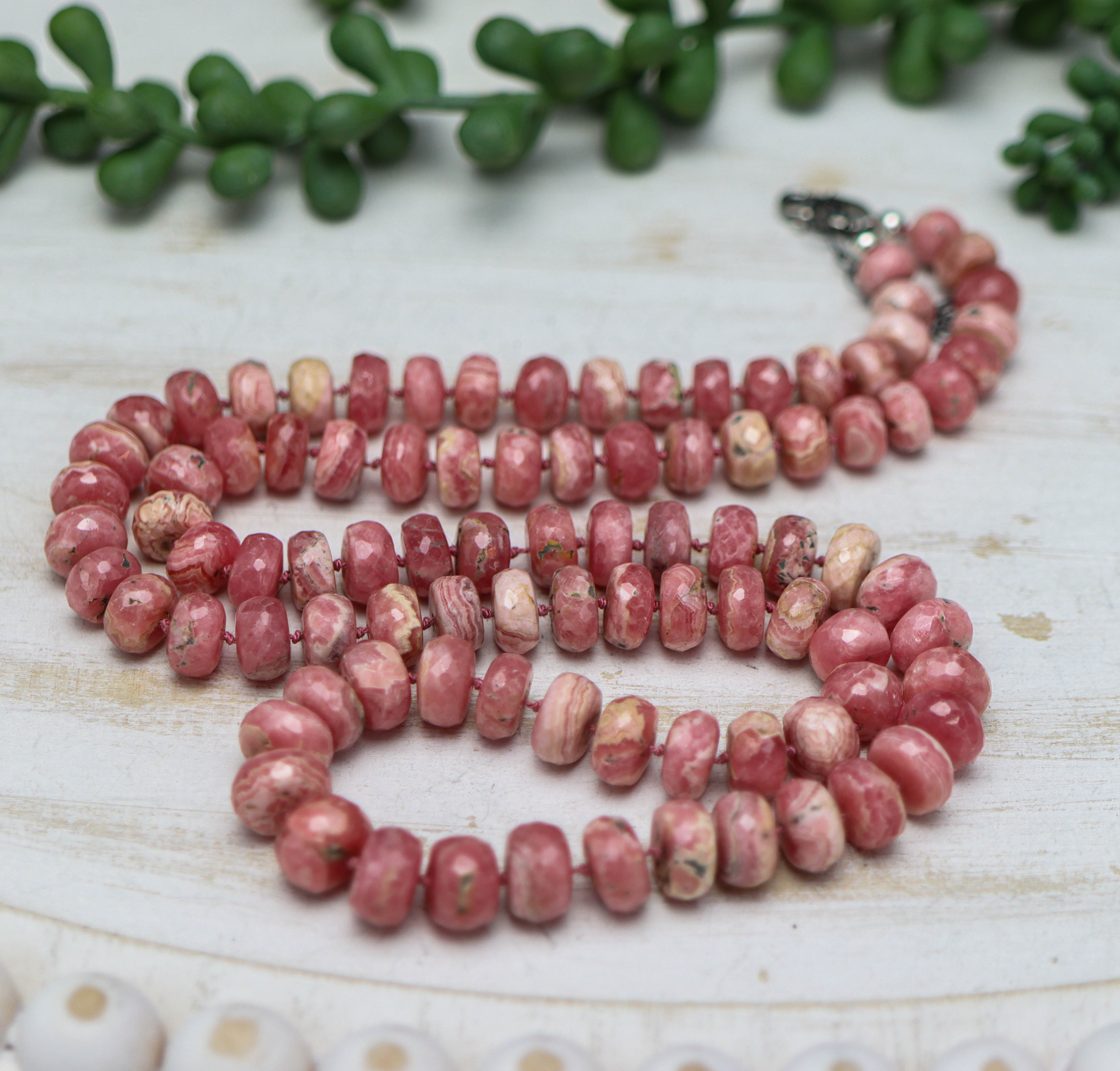 Pink Rhodochrosite Hand Knotted Bead Necklace Sterling Silver